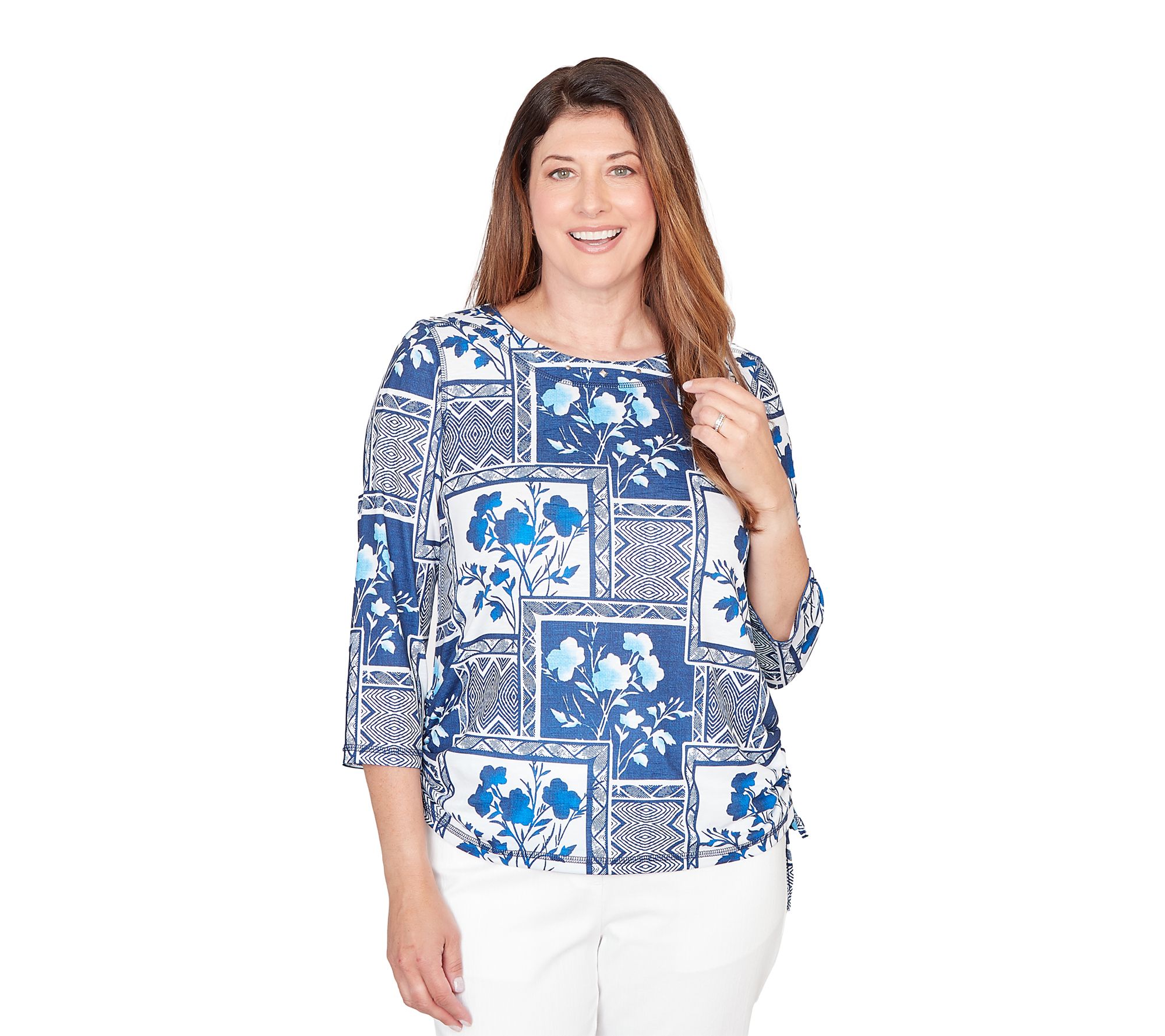 Alfred Dunner W omen's Framed F loral Ruched Si de Tie Top