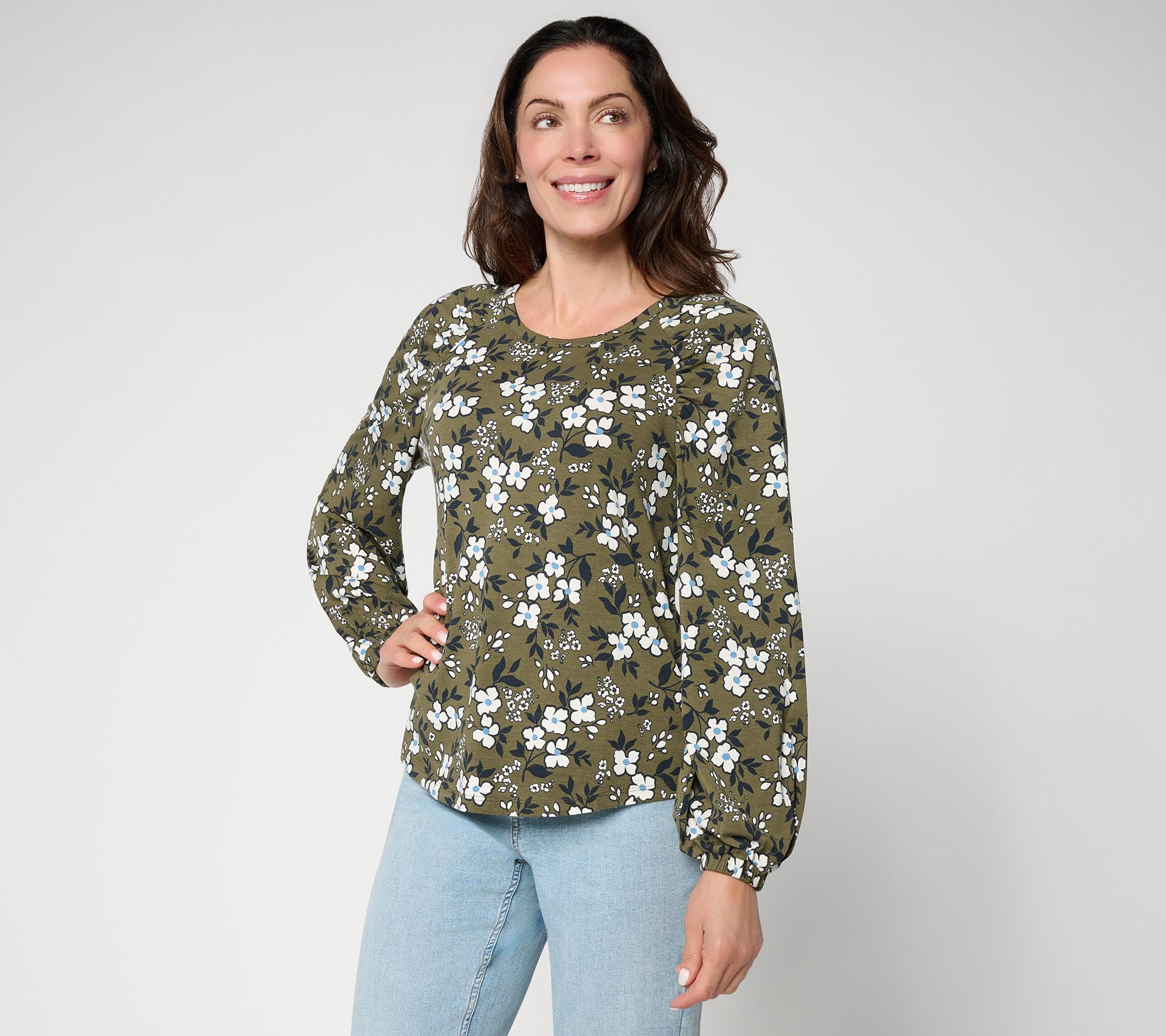 AnyBody Cozy Knit Jersey Printed Raglan Puff Sleeve Top