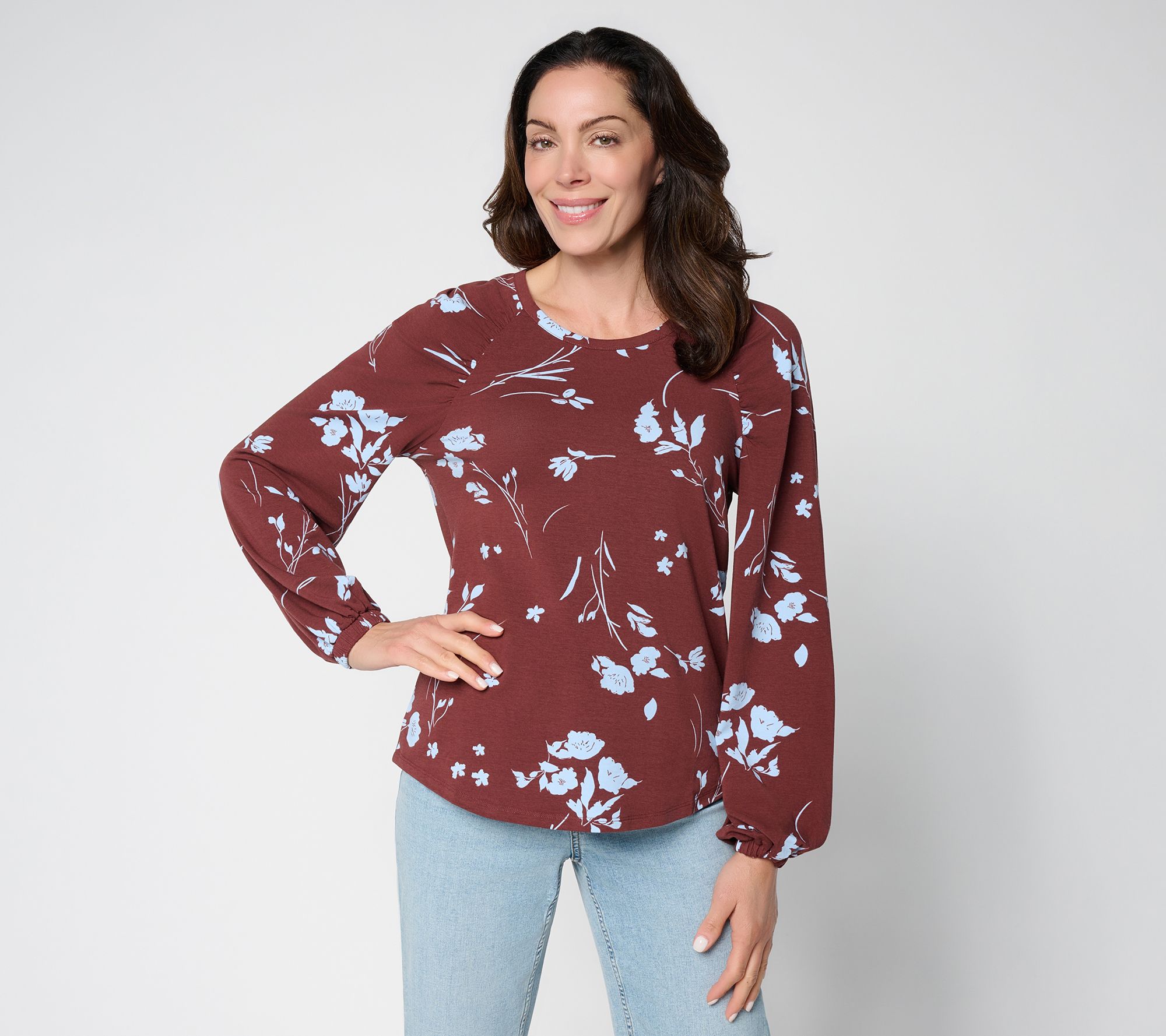 AnyBody Cozy Knit Jersey Printed Raglan Puff Sleeve Top