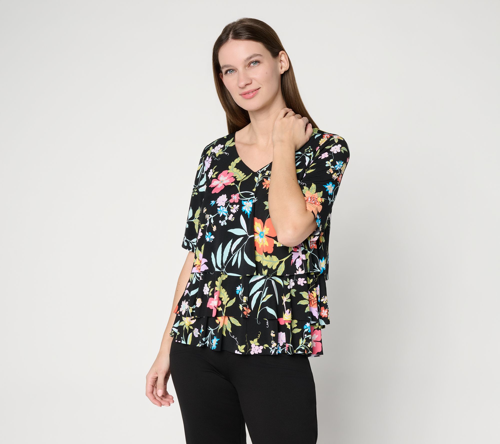 "As Is" Susan Graver Printed Liquid Knit V-Neck Tiered Top