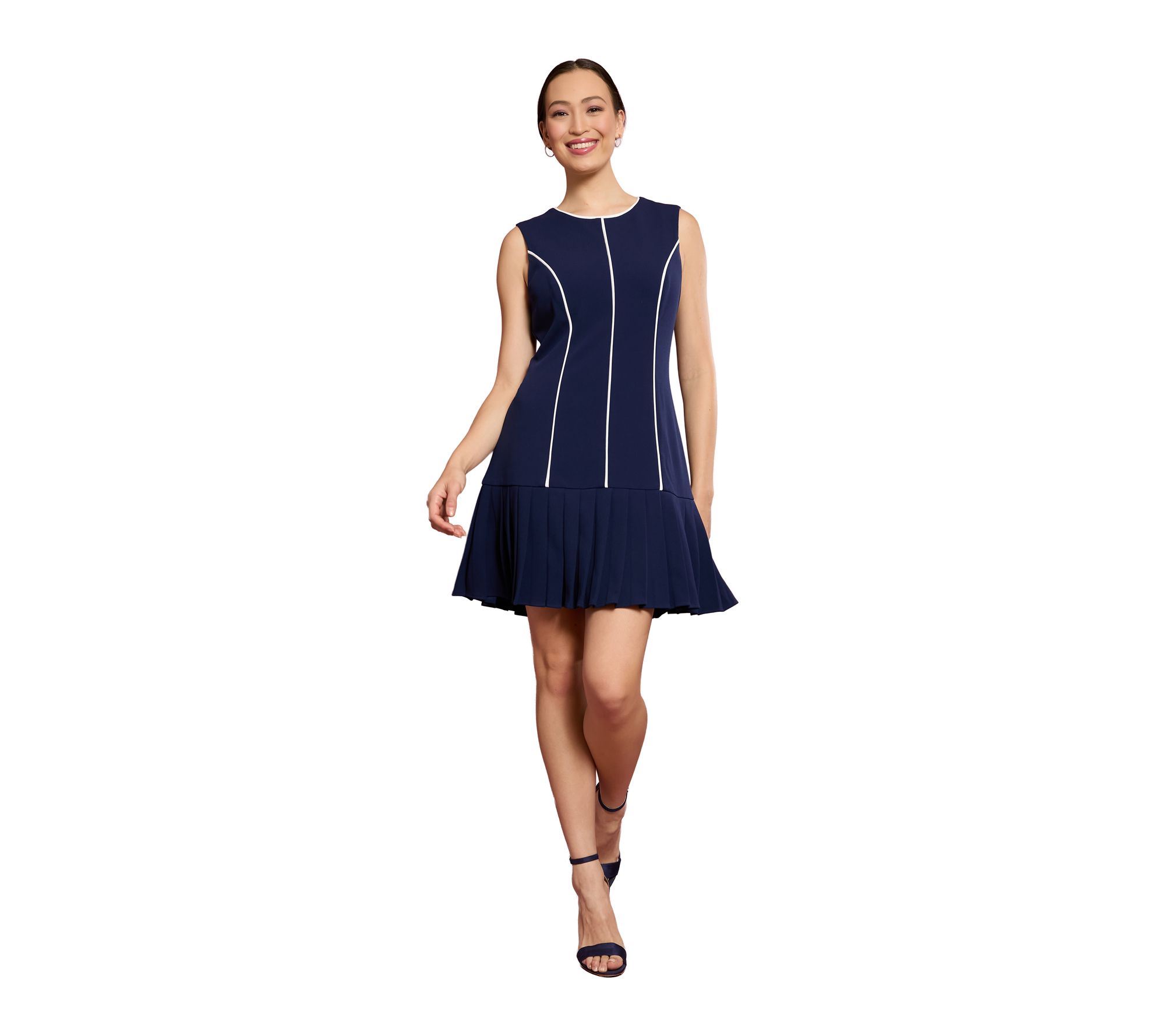 London Times Sleeveless Contrast Piped PleatedDress