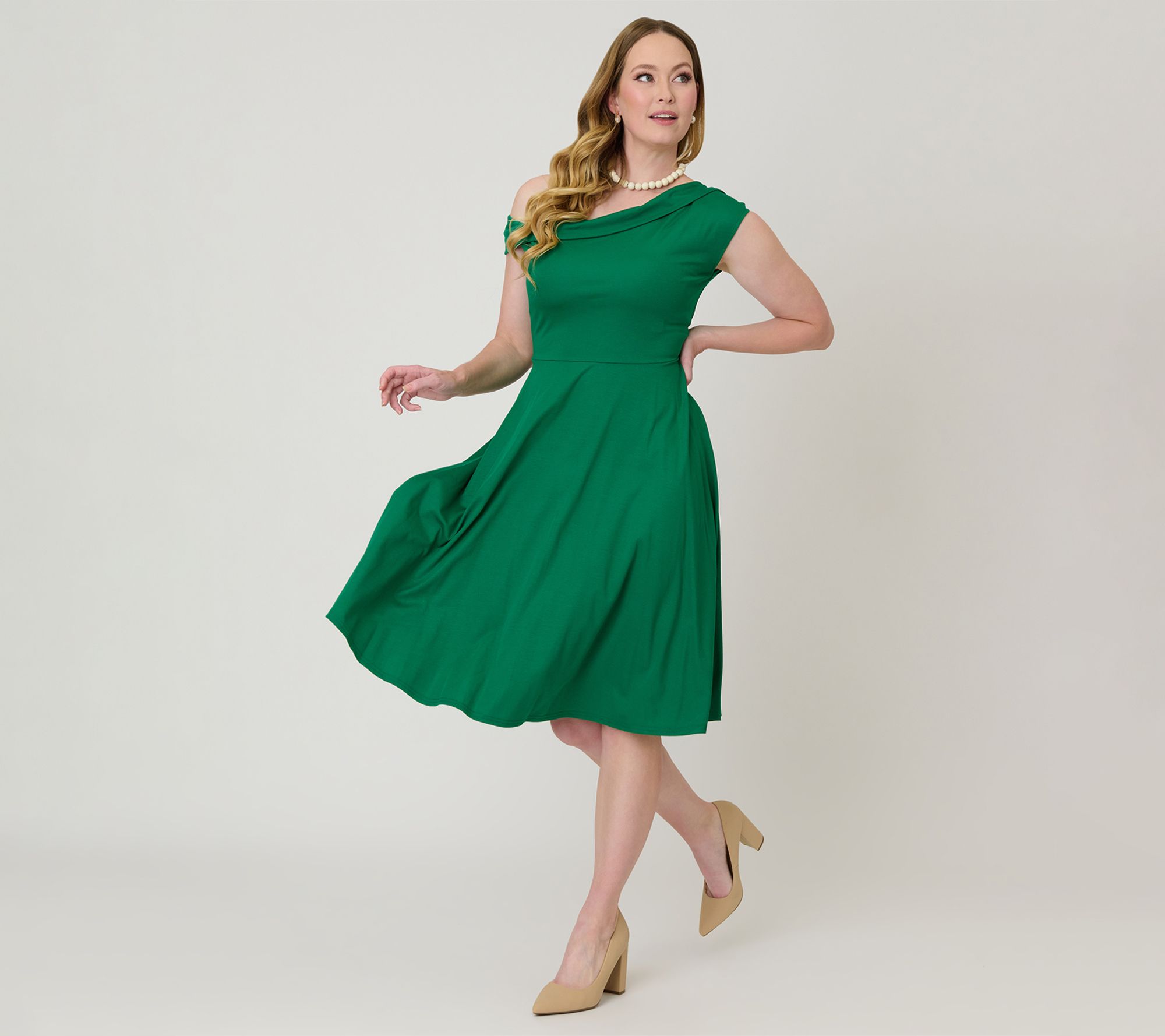 Unique Vintage Green Asymmetrical Neck Swing Dress