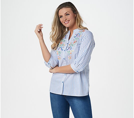 Quacker Factory Floral Embroidered Stripe Button Front Top