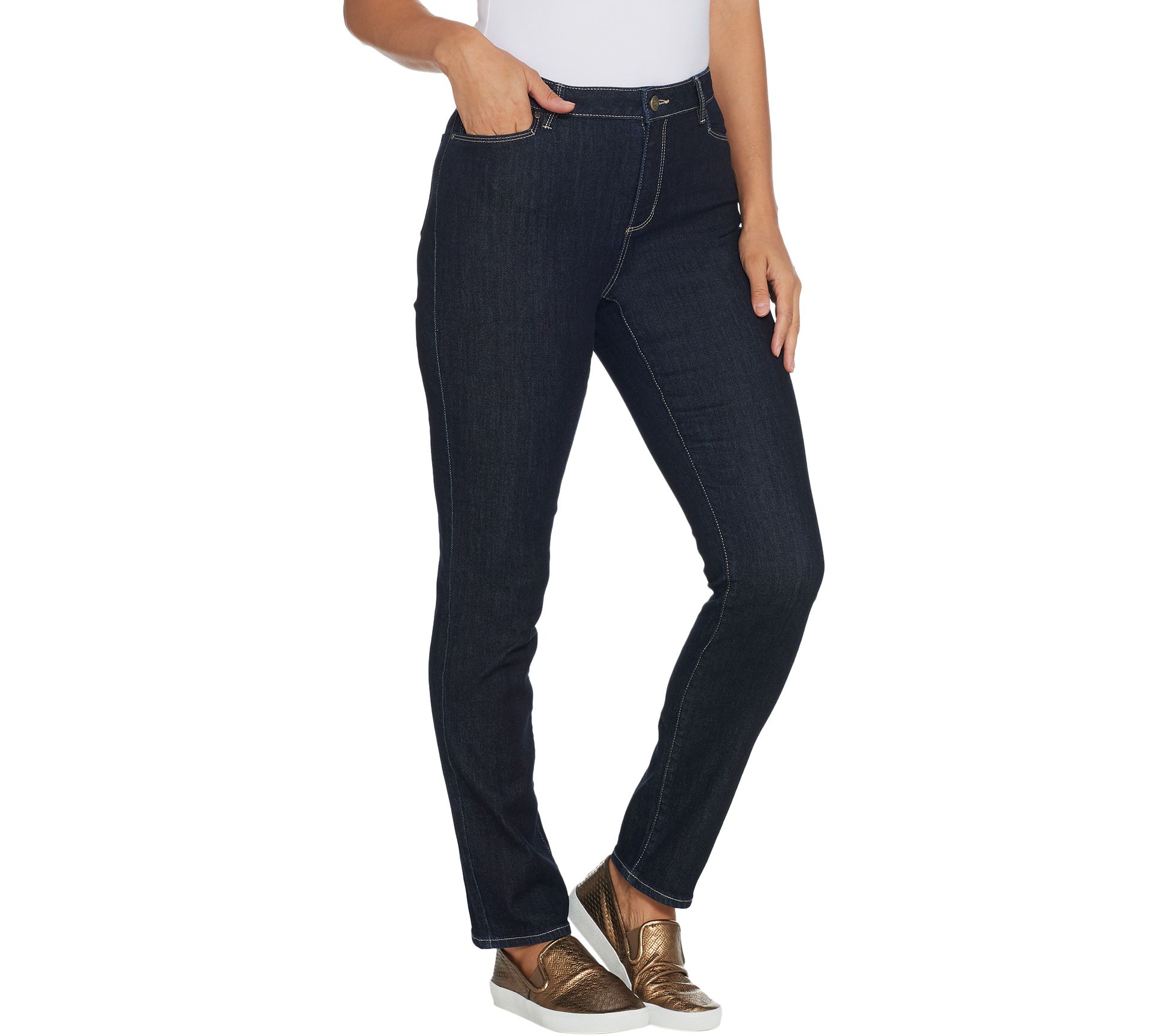"As Is" Susan Graver Petite High-Stretch Denim Fly Front Jeans