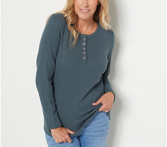 Denim & Co. Essentials Waffle Knit Henley Top with Curved Hem