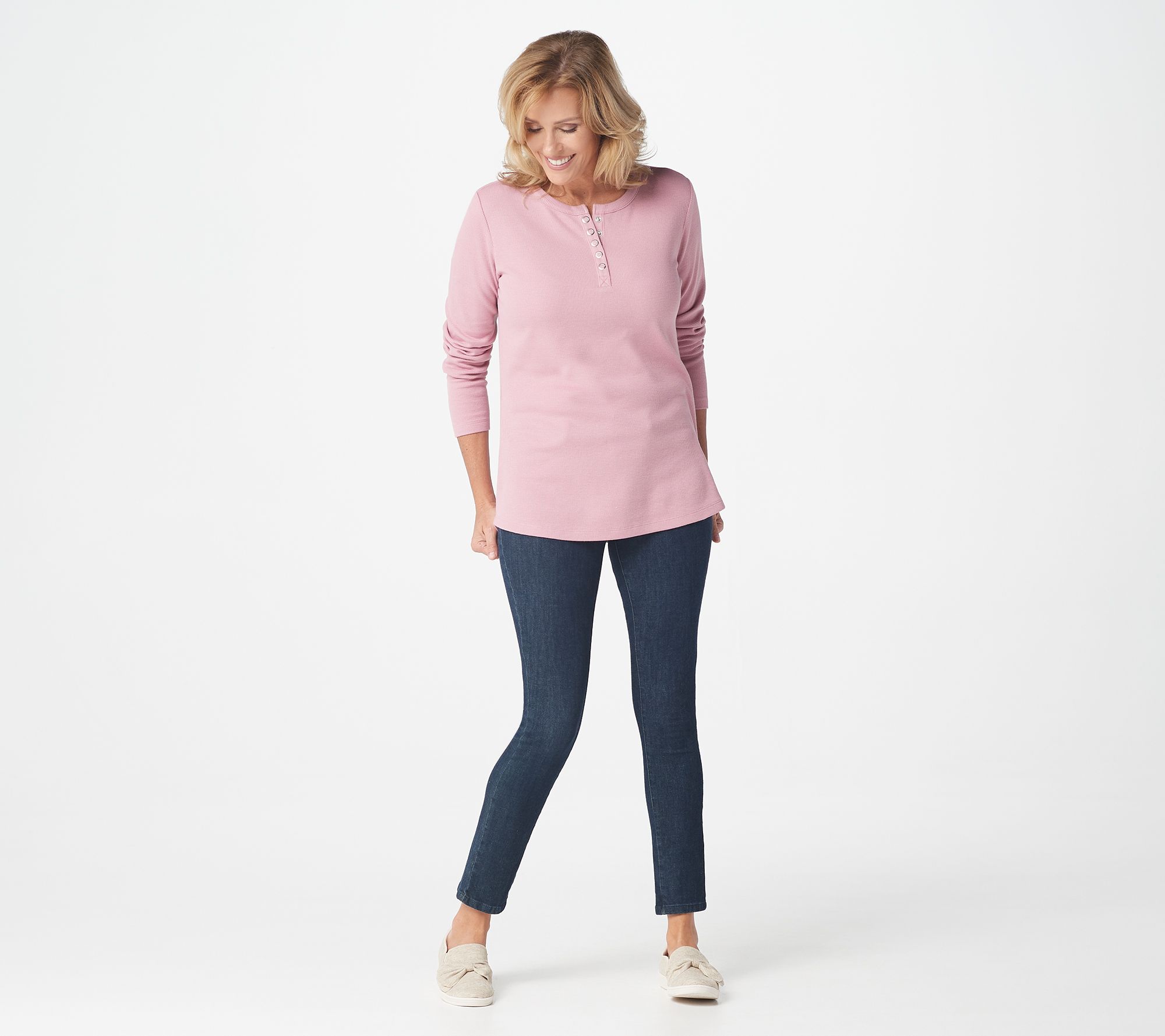 Denim & Co. Essentials Waffle Knit Henley Top with Curved Hem - QVC.com
