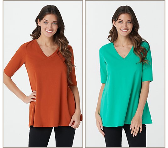 Women with Control Washed Cotton Jersey Set of 2 V-Neck Tops