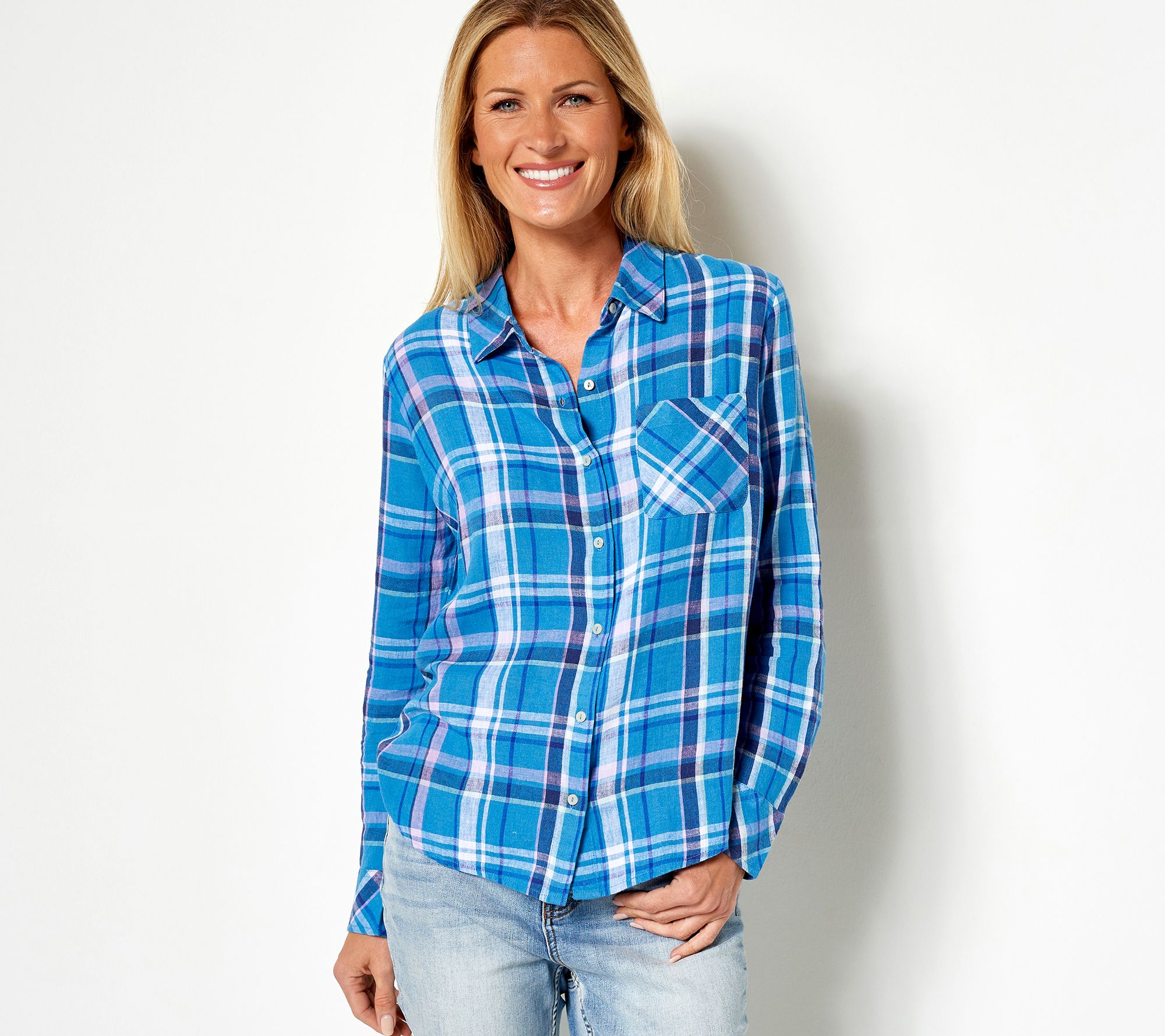 Candace Cameron Bure Petite Linen Blend Button- Front Shirt