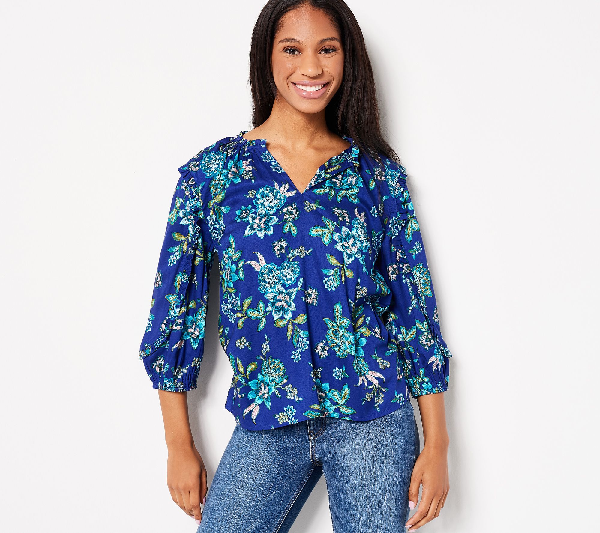 Candace Cameron Bure Printed Blouse with Ruffle Detail