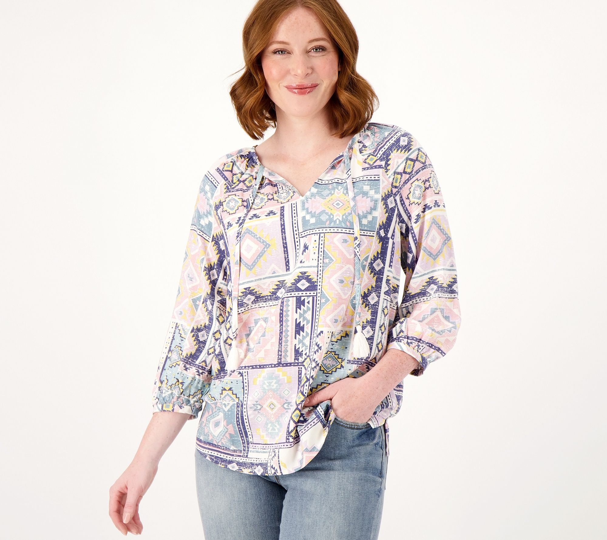 Denim & Co. Canyon Retreat Mesa Woven Printed V-Neck Blouse