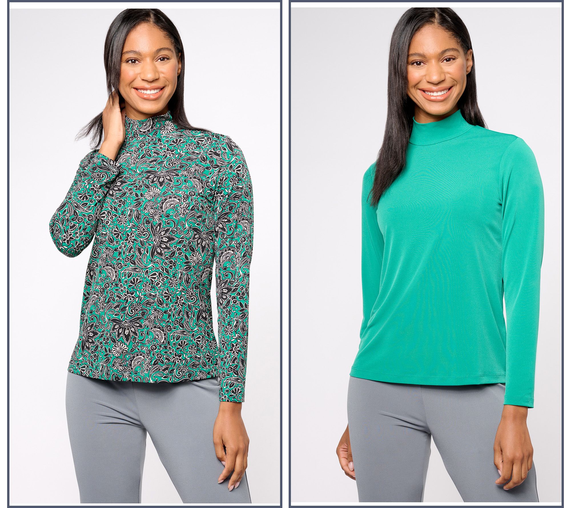 Susan Graver Print and Solid Liquid Knit Set of 2 Mock-Neck Tops