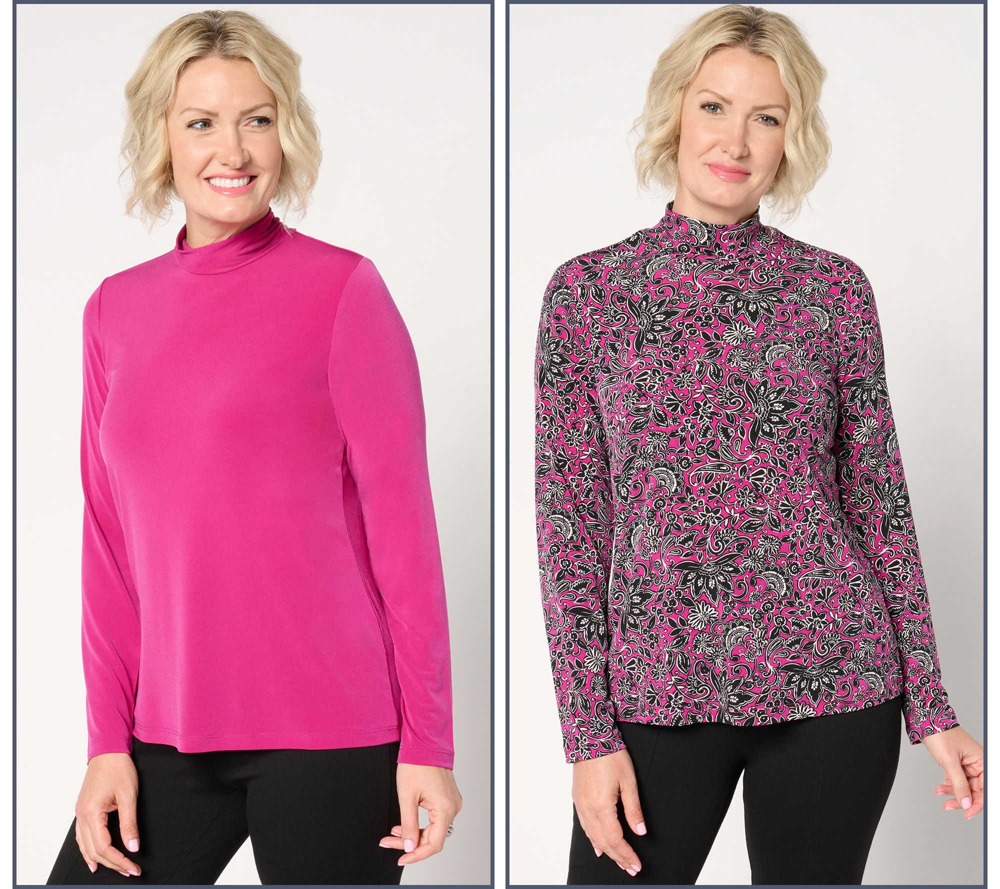 Susan Graver Print and Solid Liquid Knit Set of 2 Mock-Neck Tops