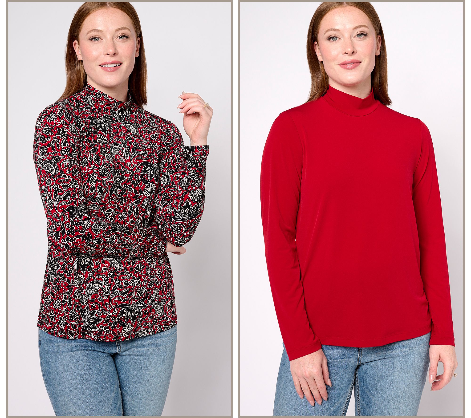 Susan Graver Print and Solid Liquid Knit Set of 2 Mock-Neck Tops