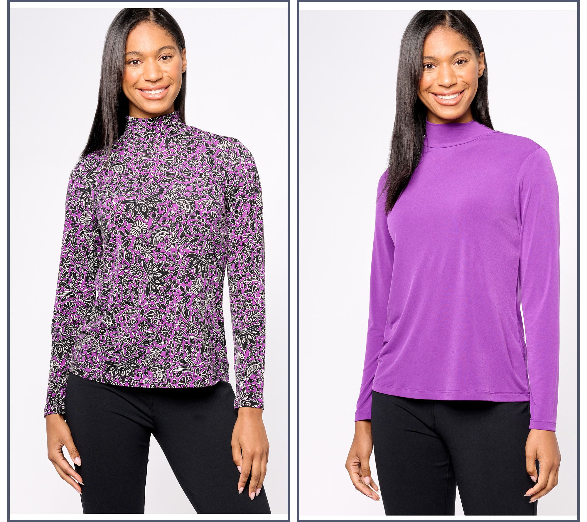 Susan Graver Print and Solid Liquid Knit Set of 2 Mock-Neck Tops