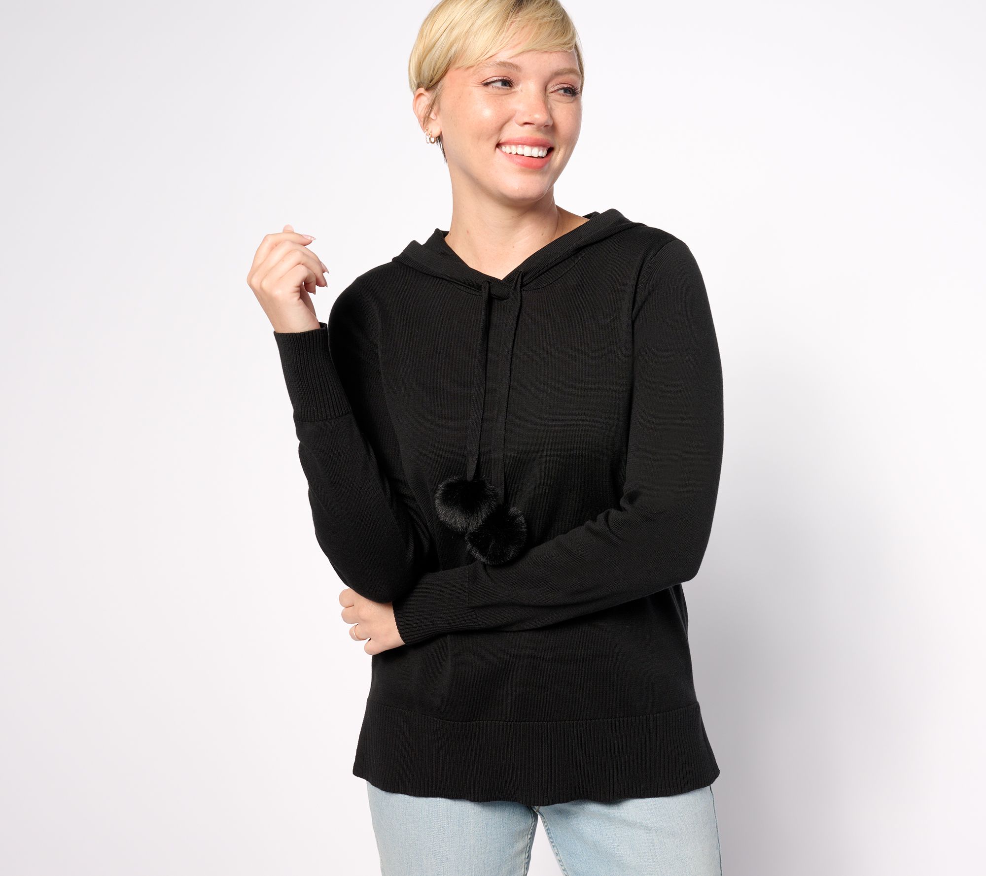 Belle by Kim Gravel Hooded Sweater with Faux Fur Pom Poms