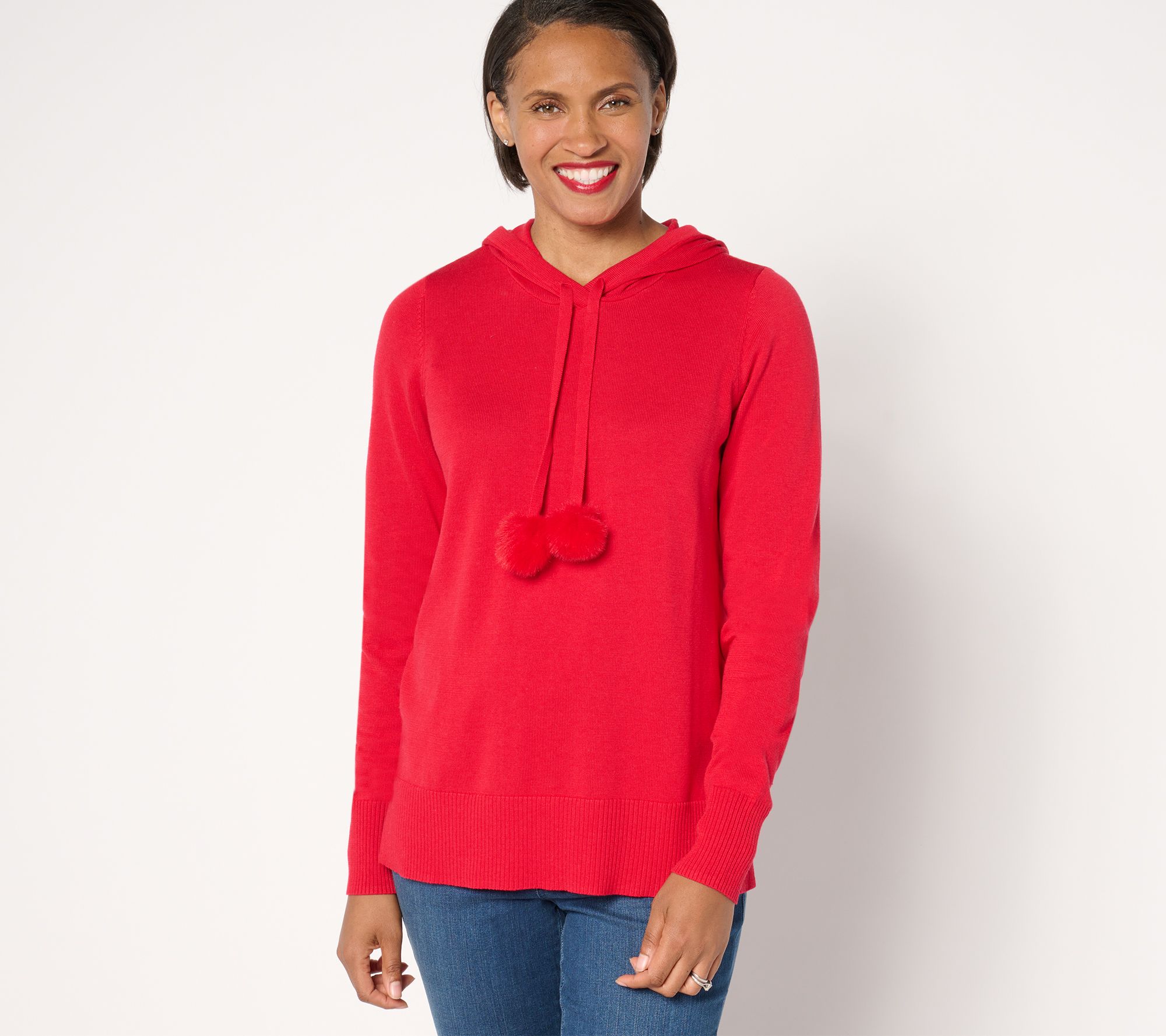 Belle by Kim Gravel Hooded Sweater with Faux Fur Pom Poms