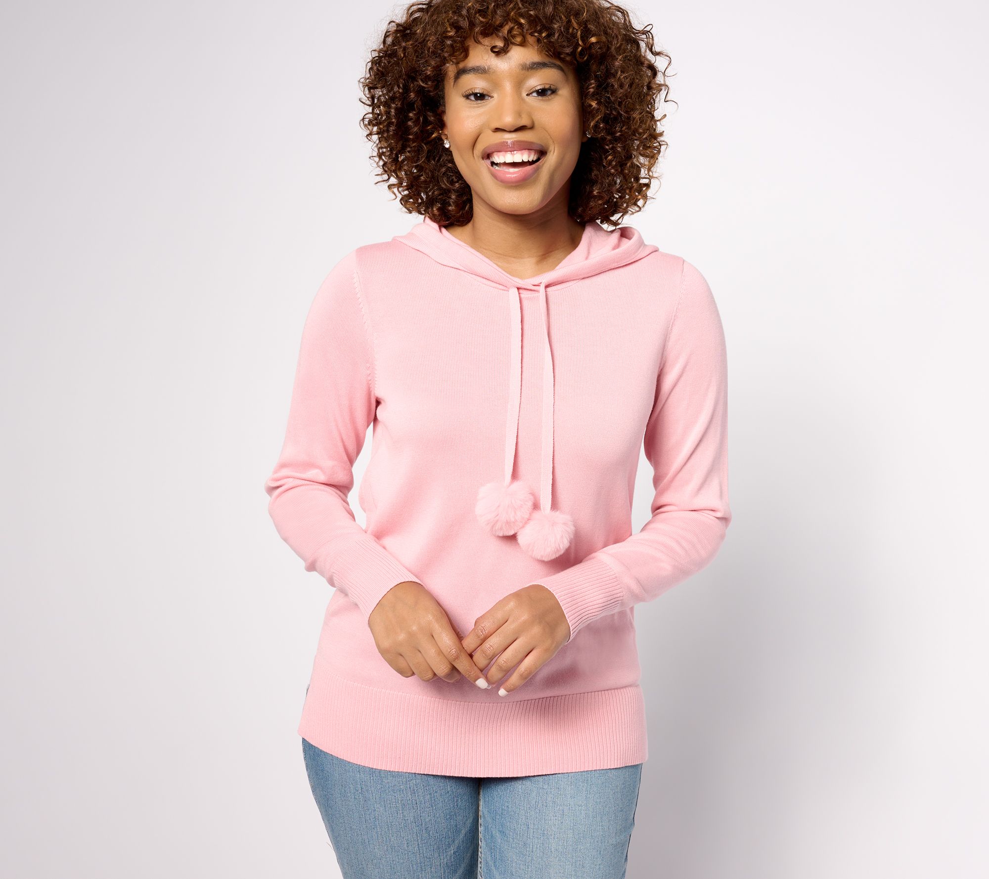 Belle by Kim Gravel Hooded Sweater with Faux Fur Pom Poms