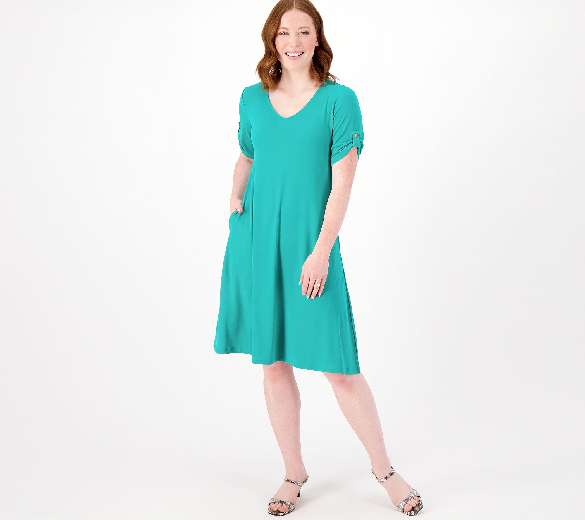 "As Is" Susan Graver Every Day Reg Liquid Knit A-Line Roll Tab Dress
