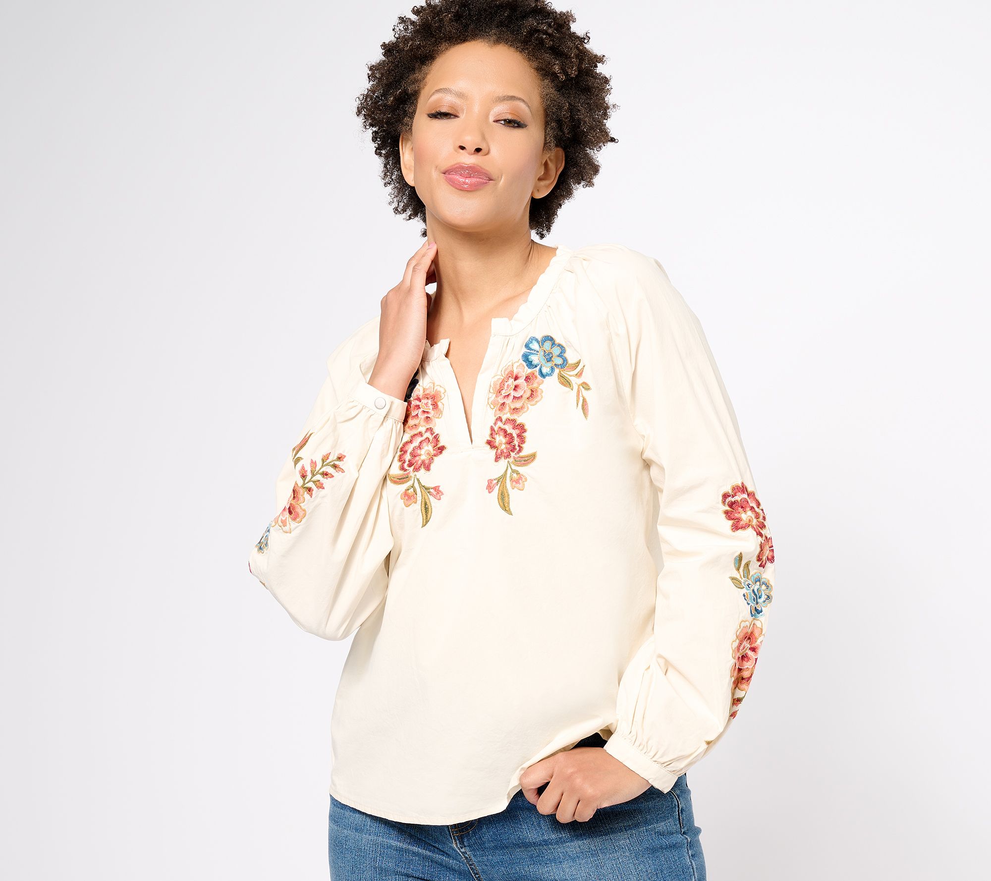 "As Is" Driftwood Jeans Embroidered Peasant Top - Maui