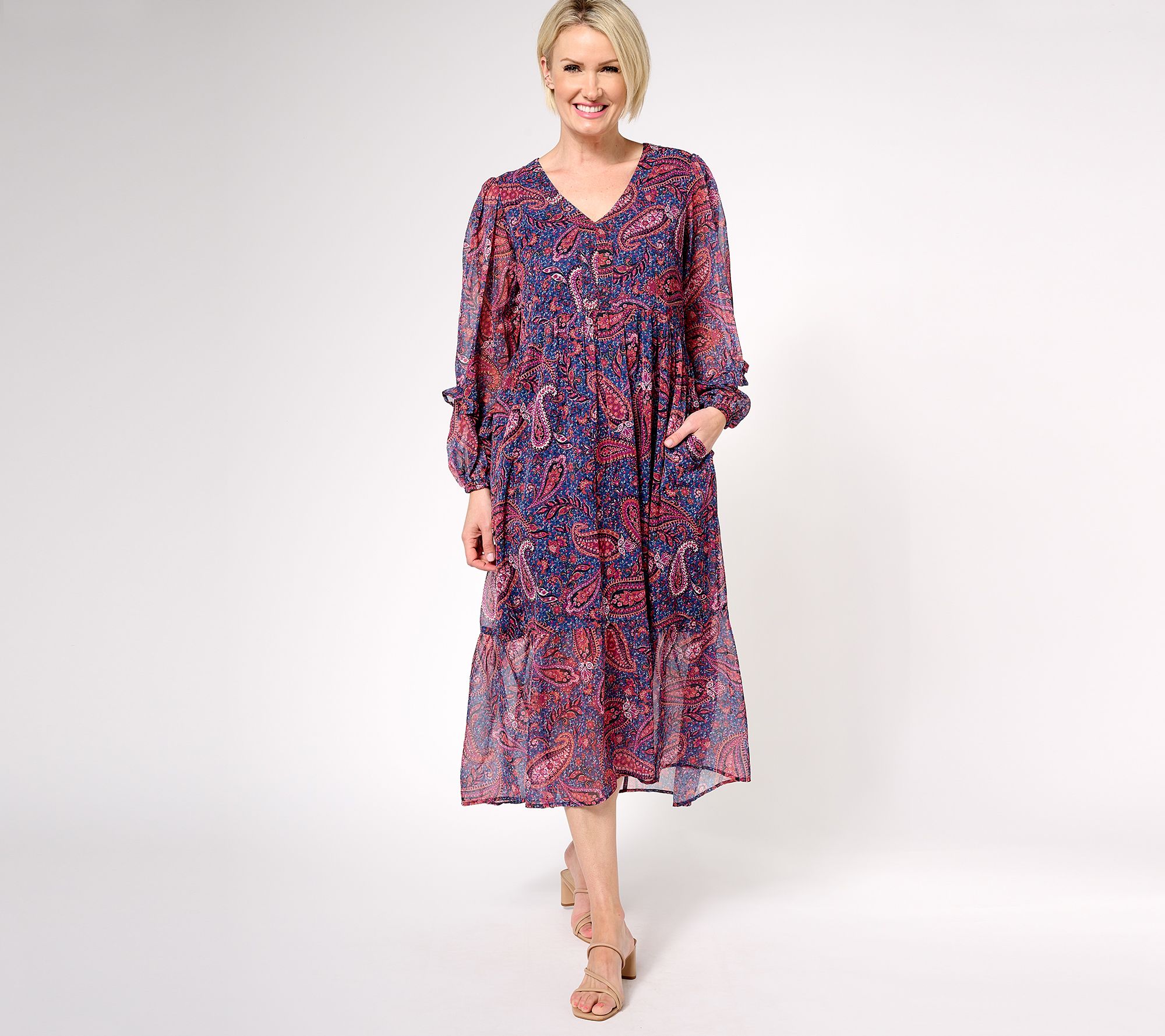 "As Is" Destination 365 Petite Printed Chiffon V-Neck Dress