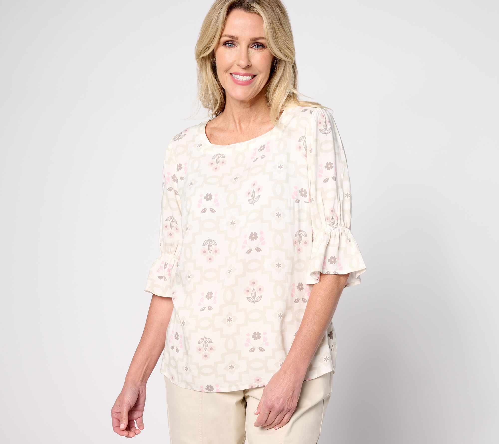 Denim & Co. Square Neckline Printed Ruffle Sleeve Blouse