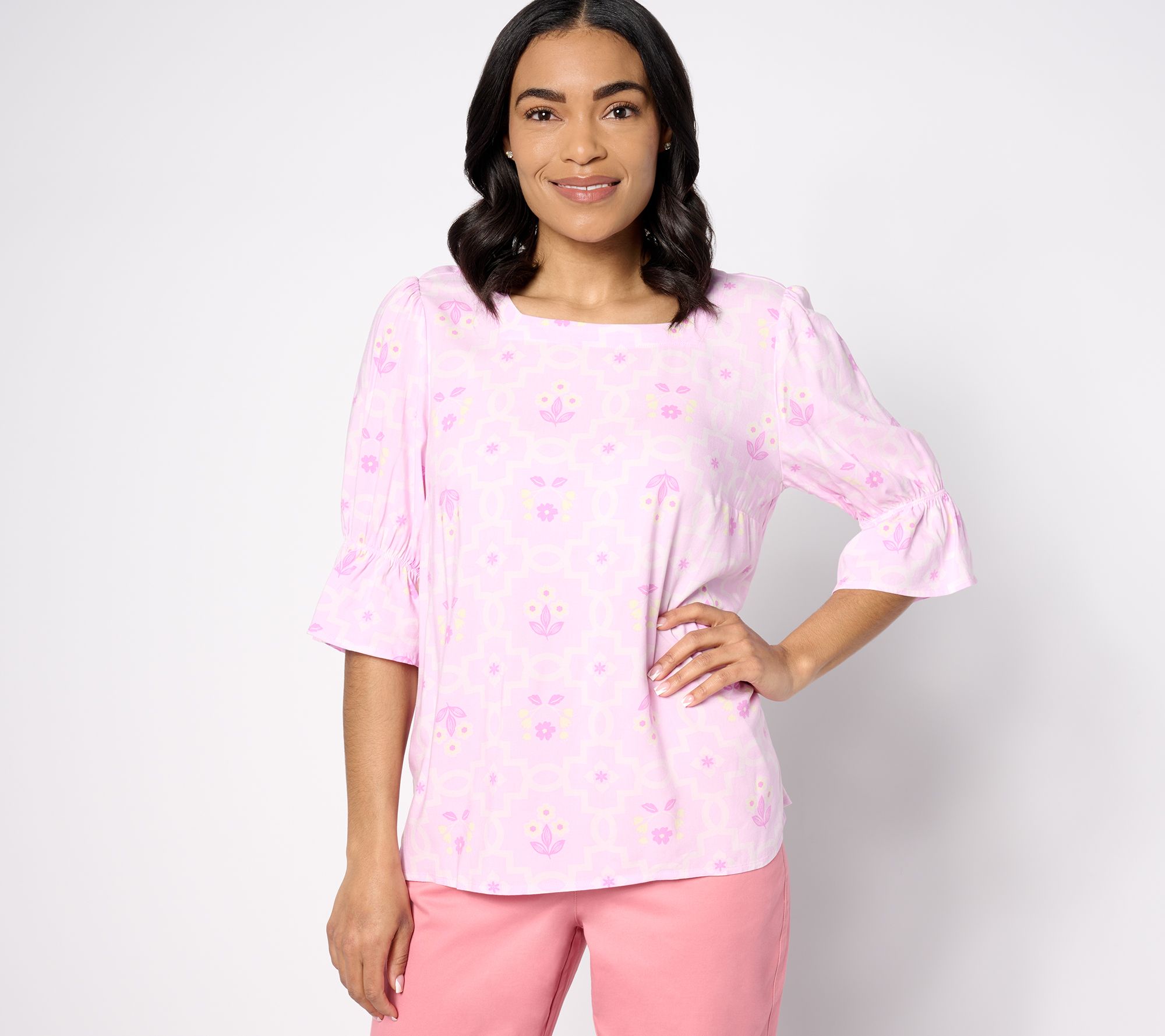 Denim & Co. Square Neckline Printed Ruffle Sleeve Blouse