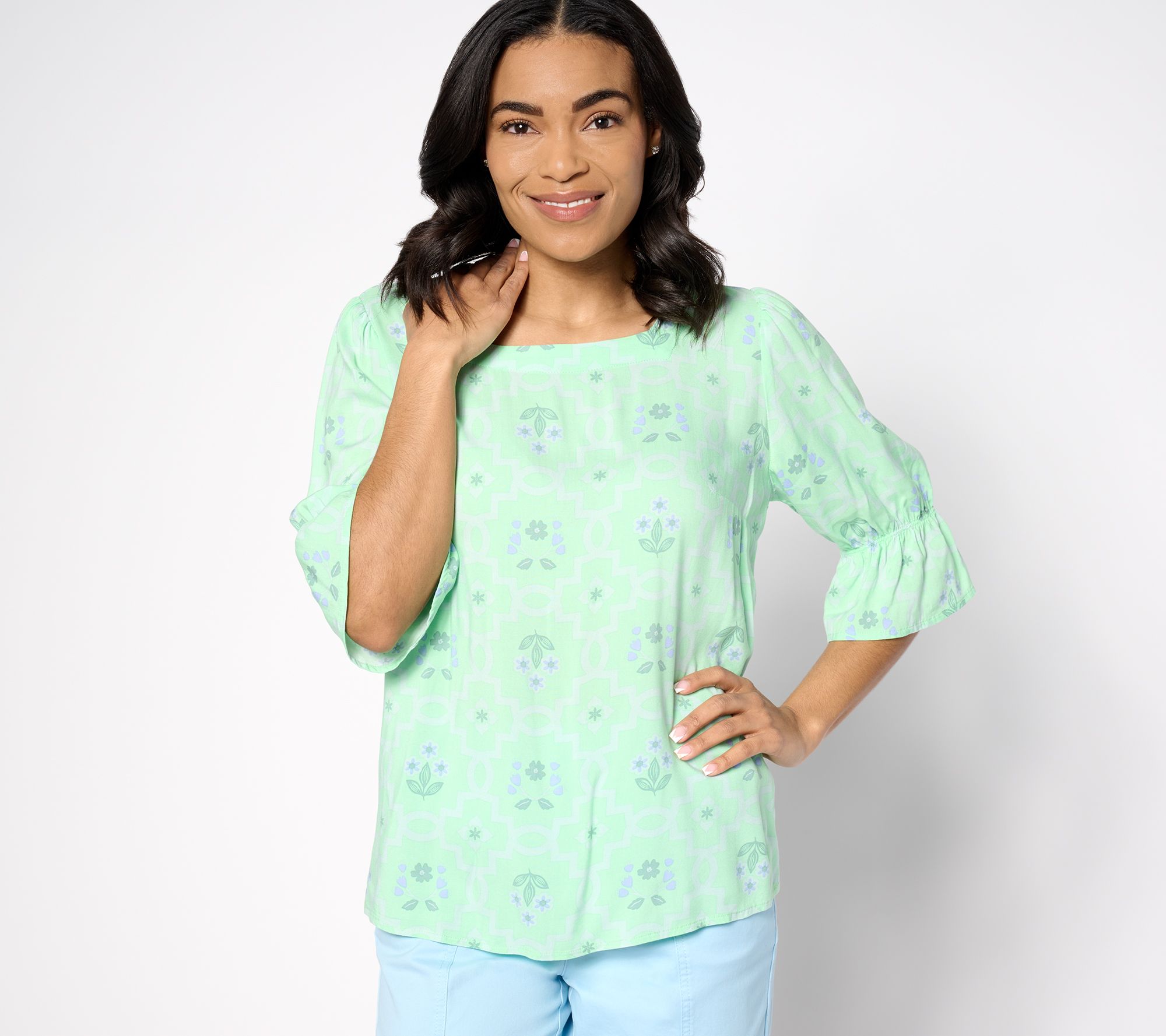 Denim & Co. Square Neckline Printed Ruffle Sleeve Blouse