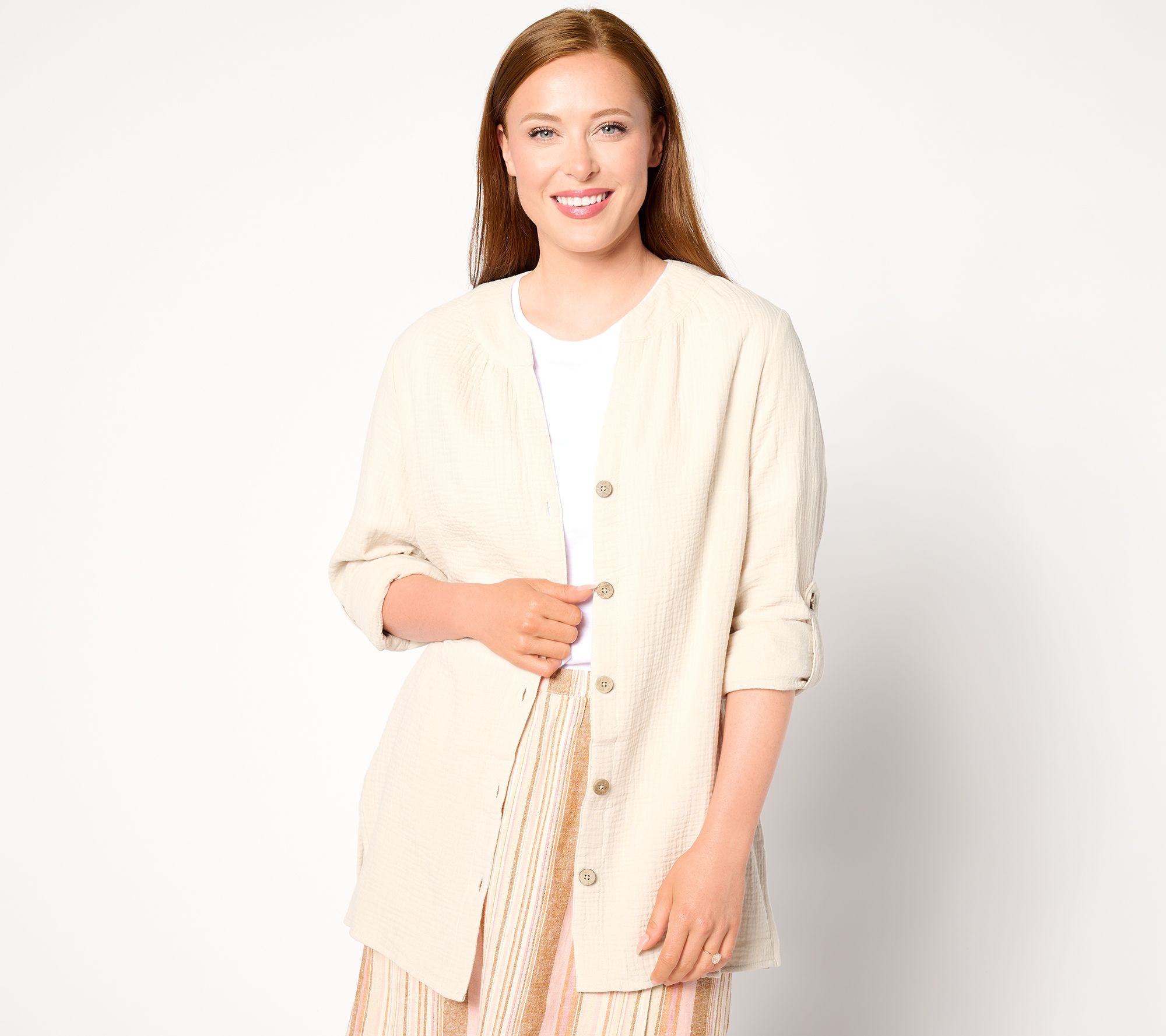 Denim & Co. Beach Petite Gauze Button Up Big Shirt