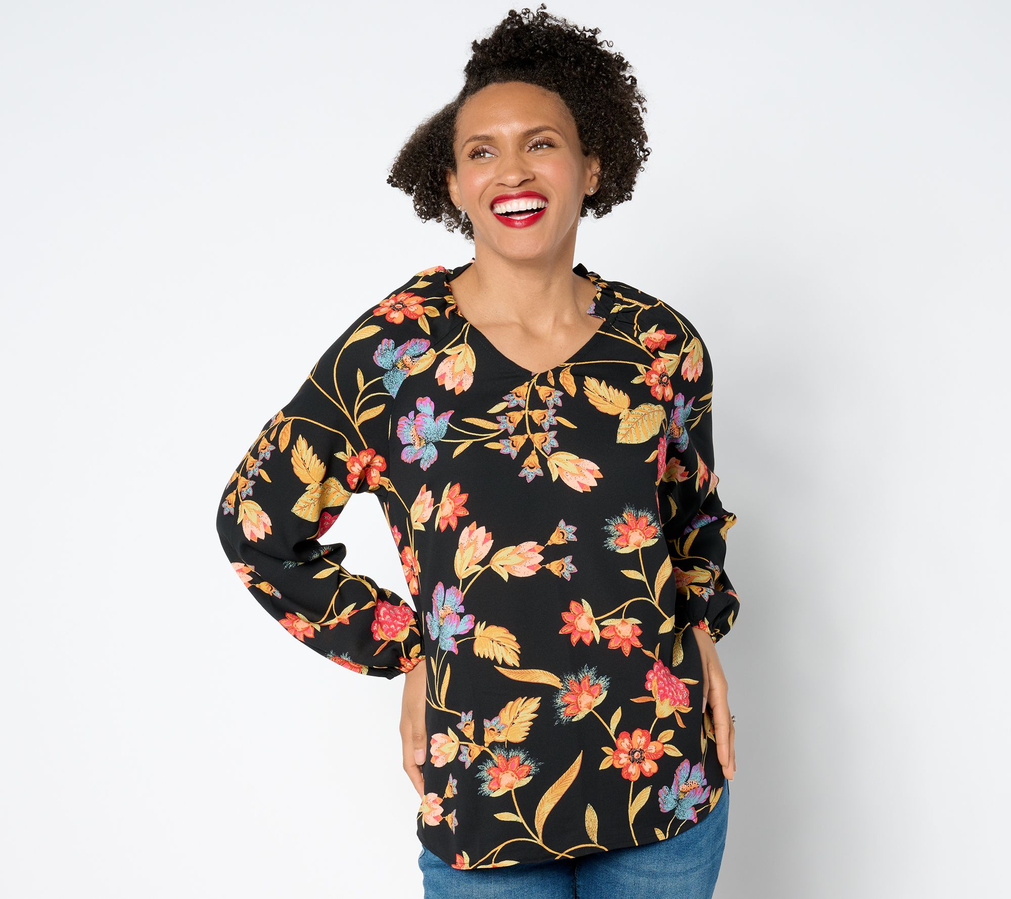 Belle By Kim Gravel Rustic Floral Ruffle Neck Blouse