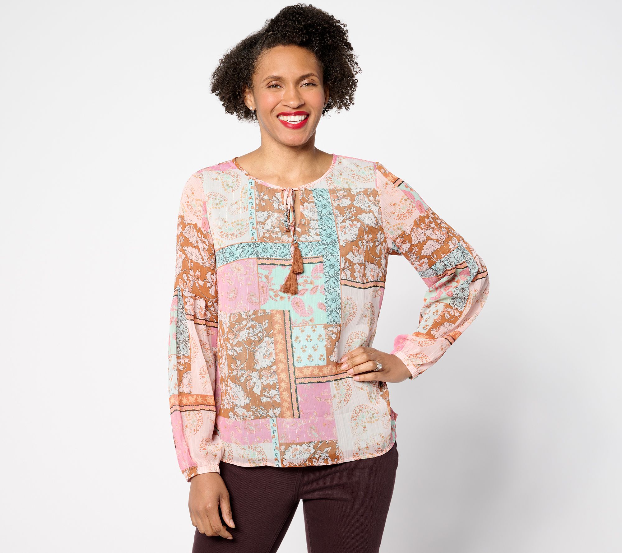 Belle Boho by Kim Gravel Patchwork Peasant Blouse with Tassels