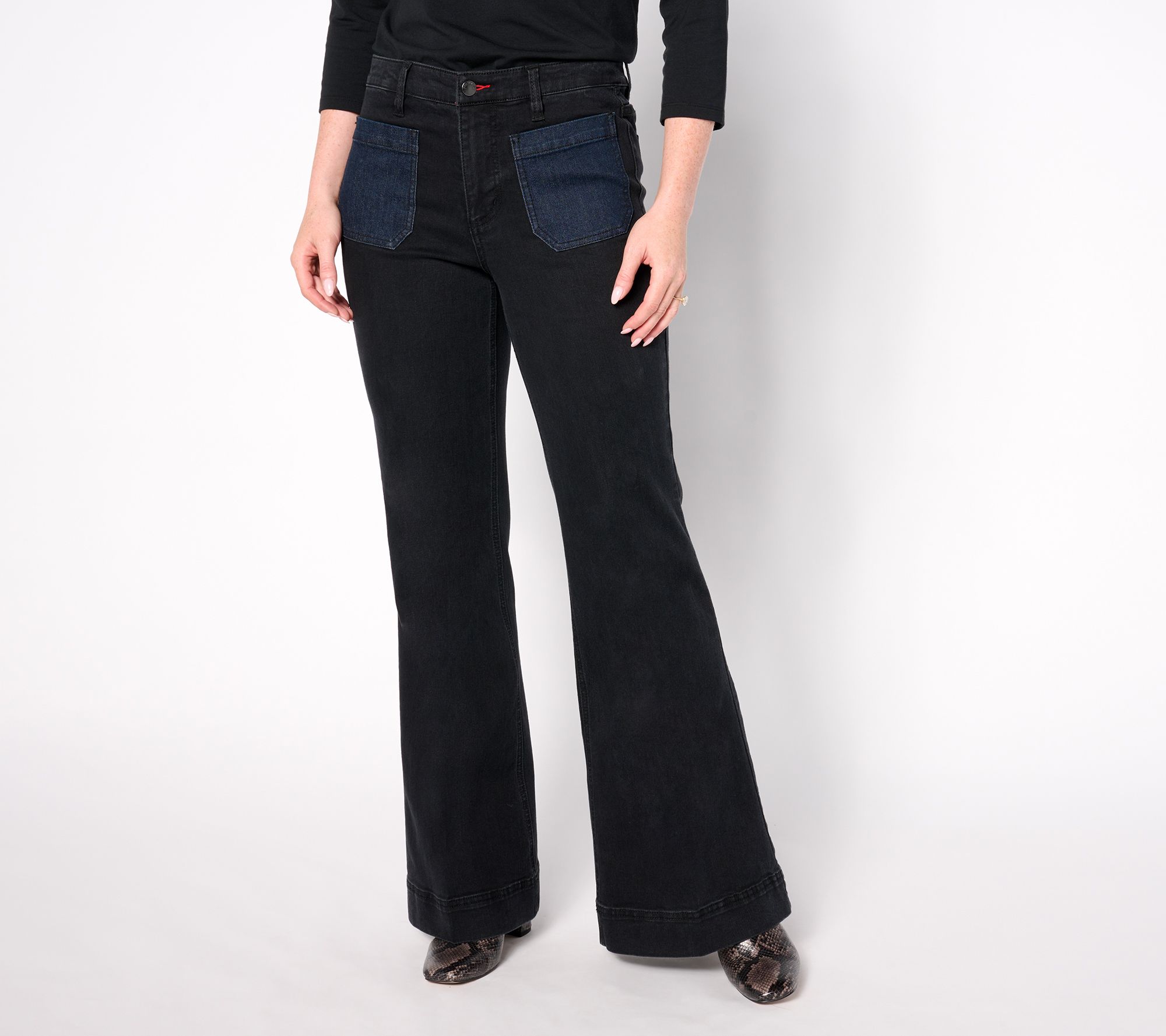 Peace Love World Petite Patch Pocket Flare Jeans - Black