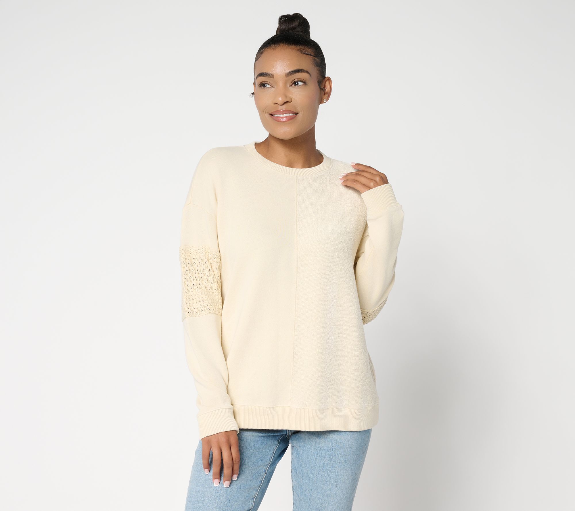 Denim & Co. Canyon Retreat Lace Sleeve Washed Sweatshirt