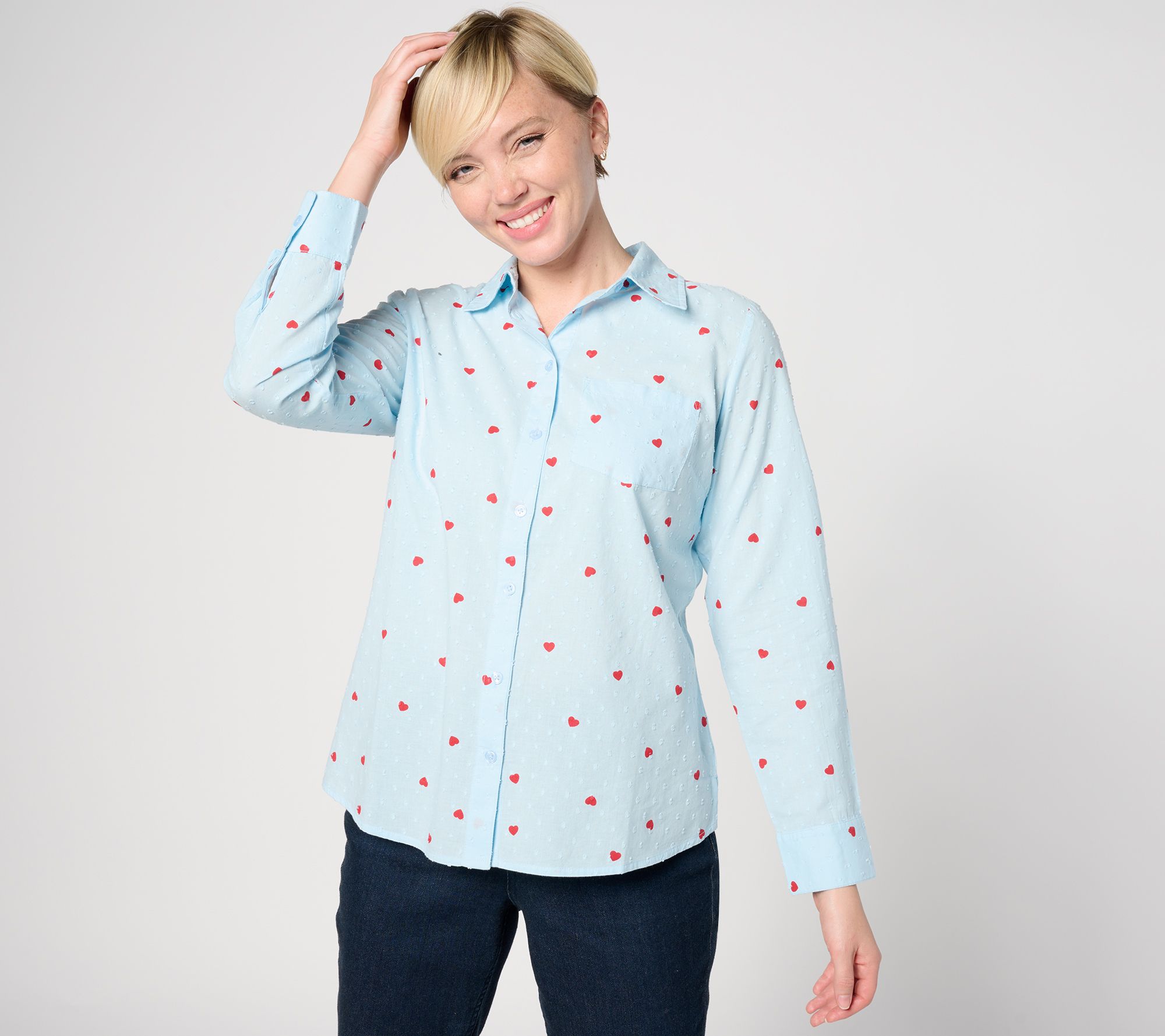 "As Is" Denim & Co. Valentine's Clip Dot Button Front Shirt