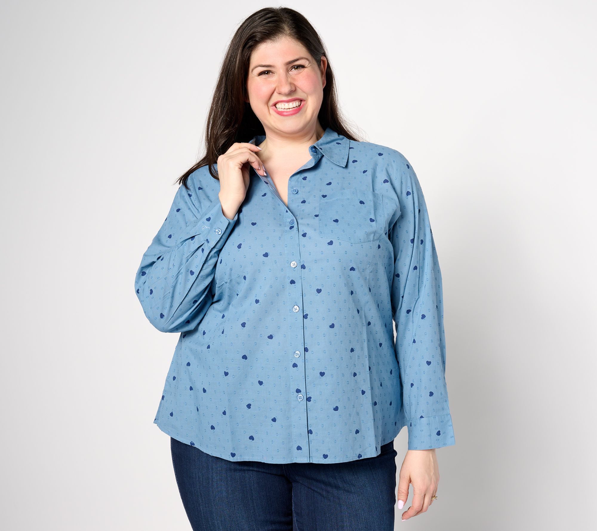"As Is" Denim & Co. Valentine's Clip Dot Button Front Shirt