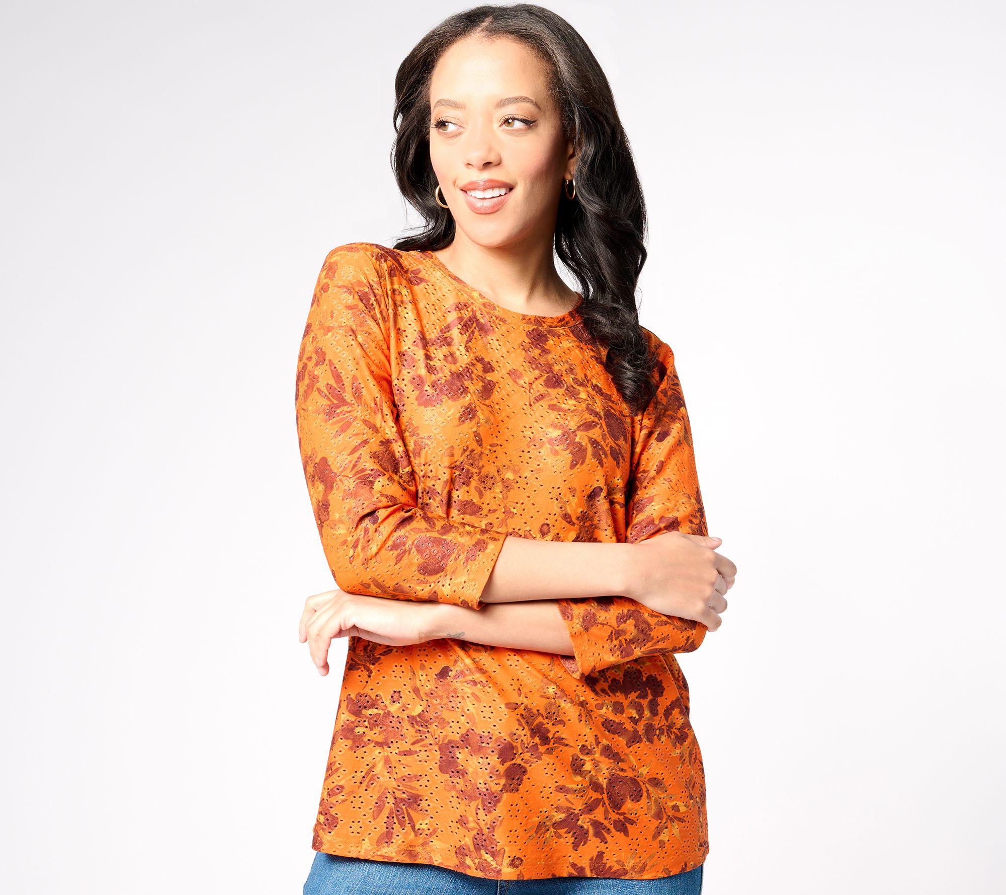 "As Is" LOGO Layers by Lori Goldstein Print Eyelet 3/4 Sleeve Top