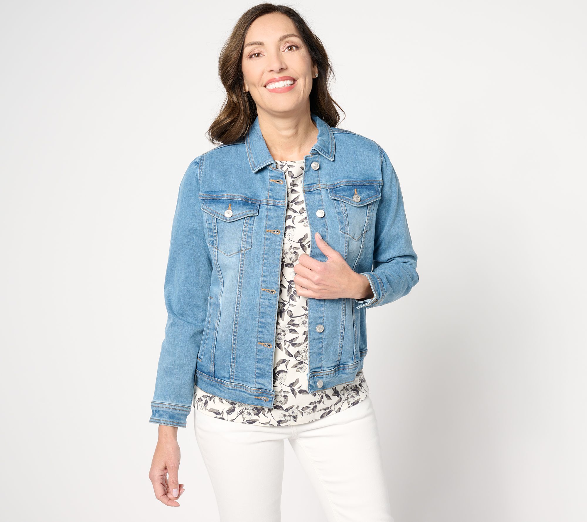"As Is" Denim & Co. Easy Stretch Puff Sleeve Denim Jacket