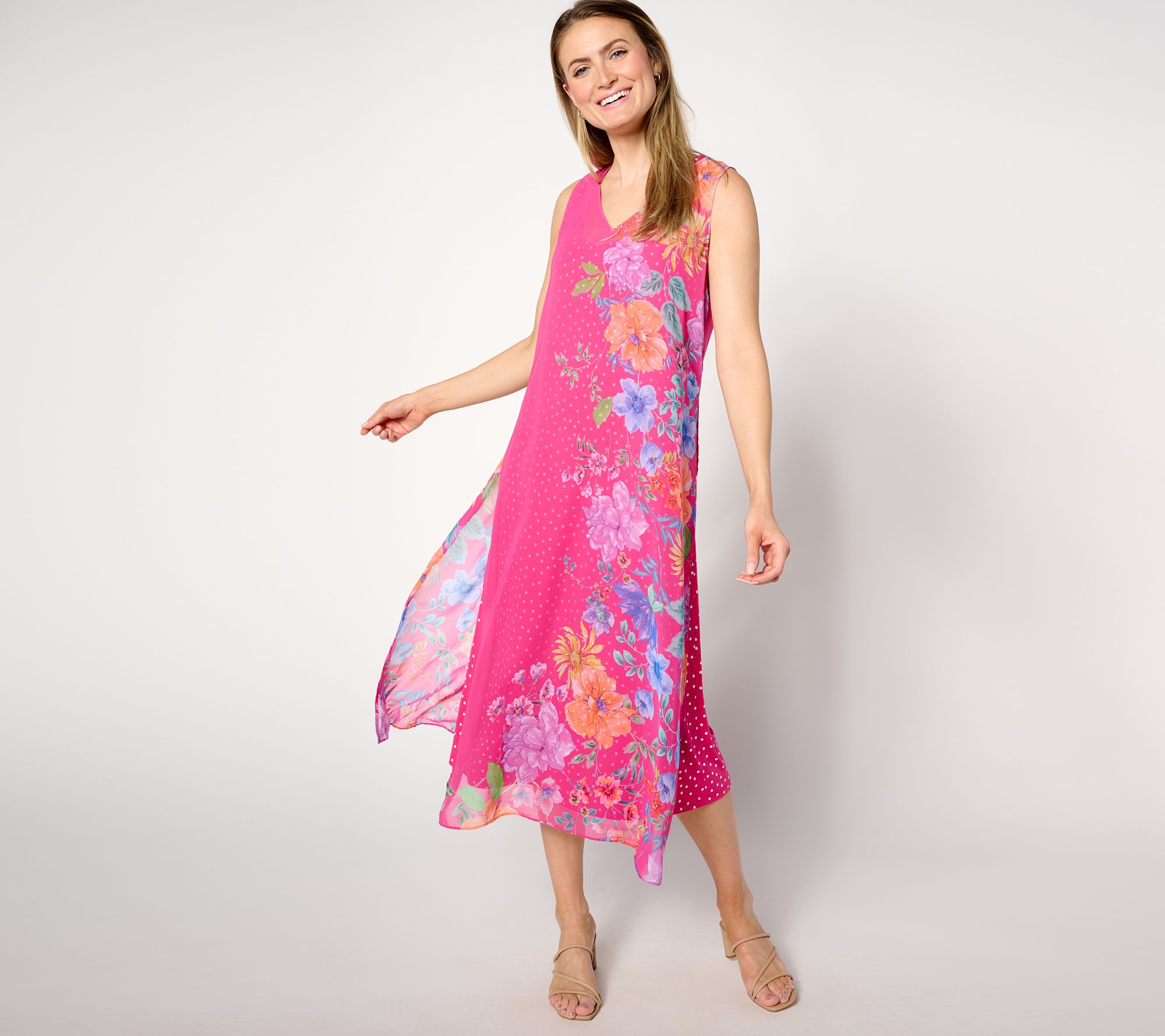 "As Is" Susan Graver Regular Printed Chiffon Overlay 2-Piece Midi Dress