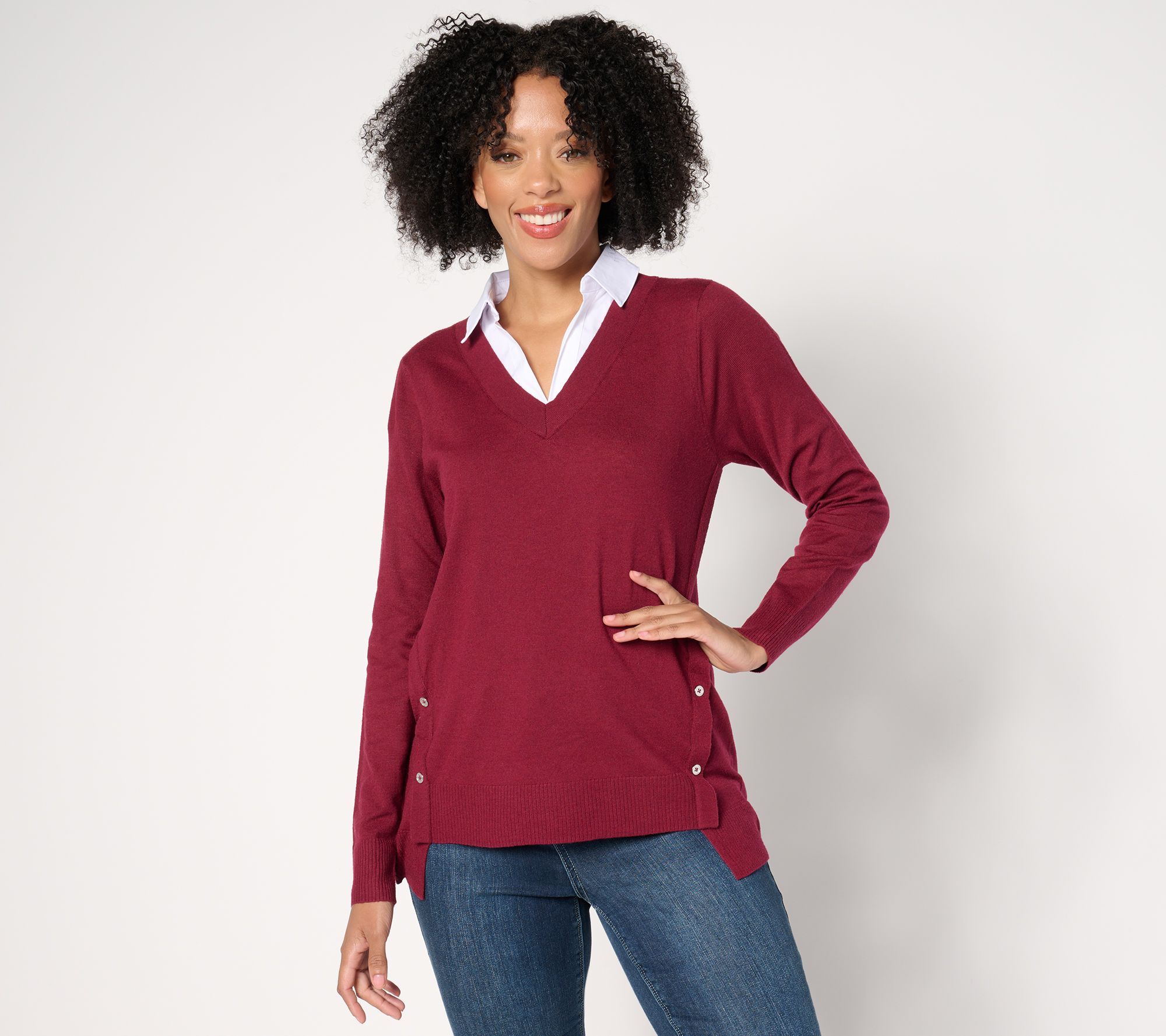 Denim & Co. Collared 2fer V-Neck Sweater