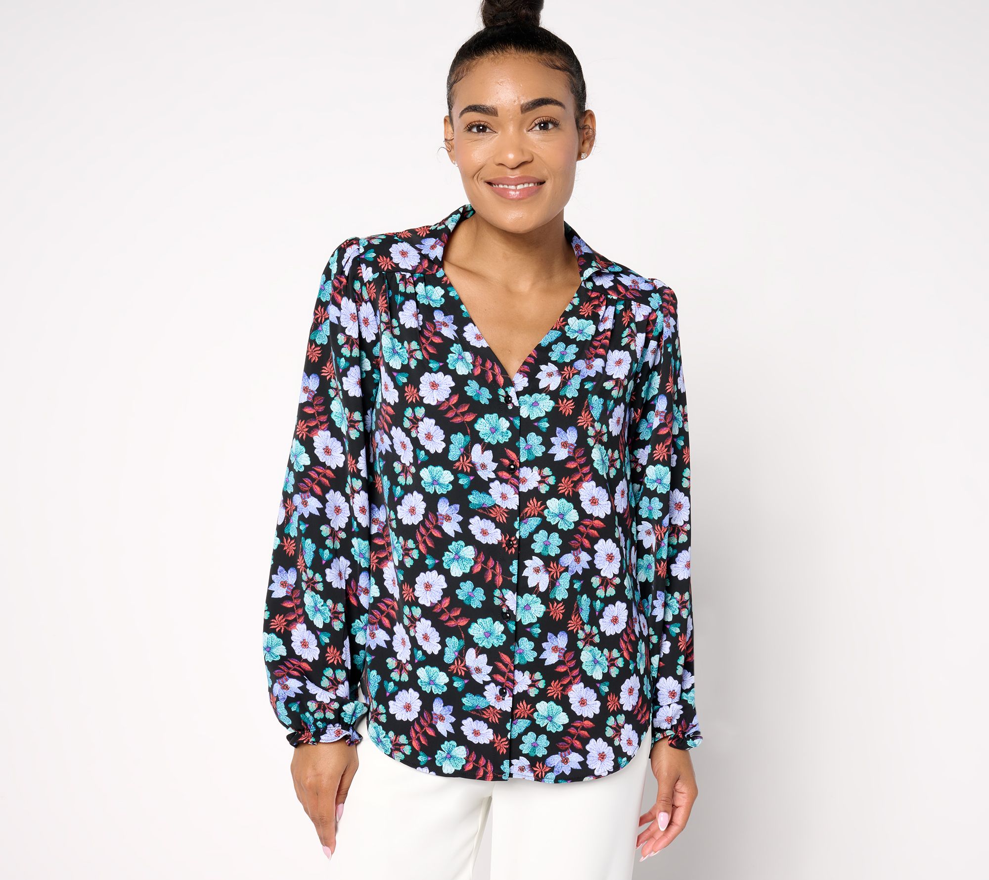 nicole by Nicole Miller Puff Sleeve Button-Front Blouse