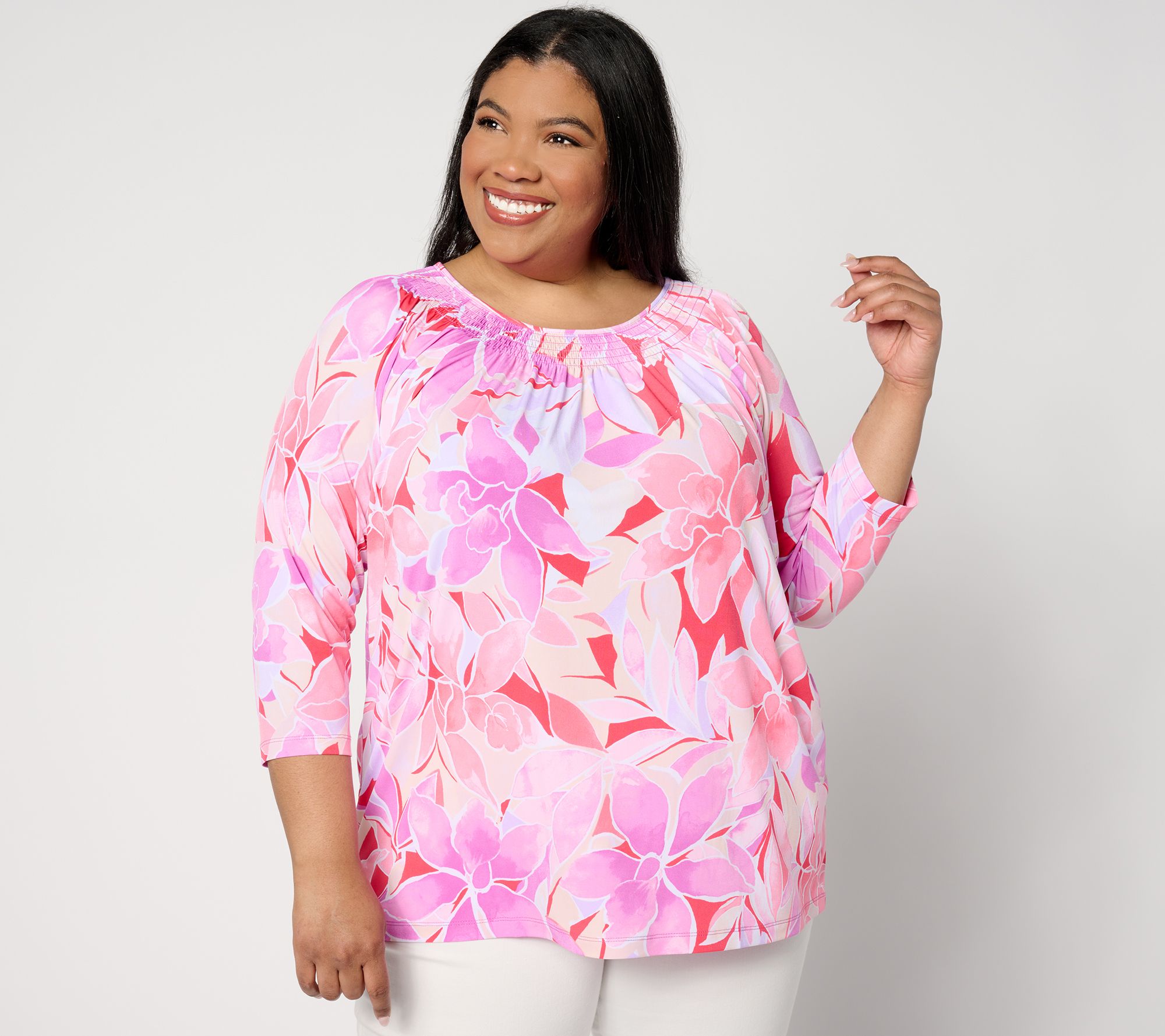 "As Is" Susan Graver Printed Liquid Knit Smocked Top w/ 3/4 Sleeve