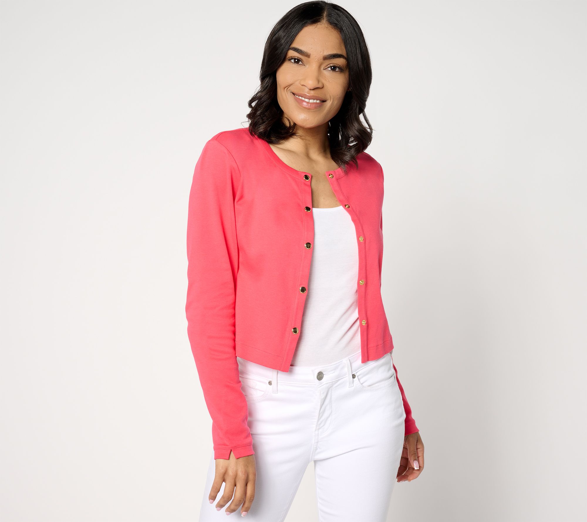 "As Is" Isaac Mizrahi Live! Essentials Pima Cotton Crop Cardigan