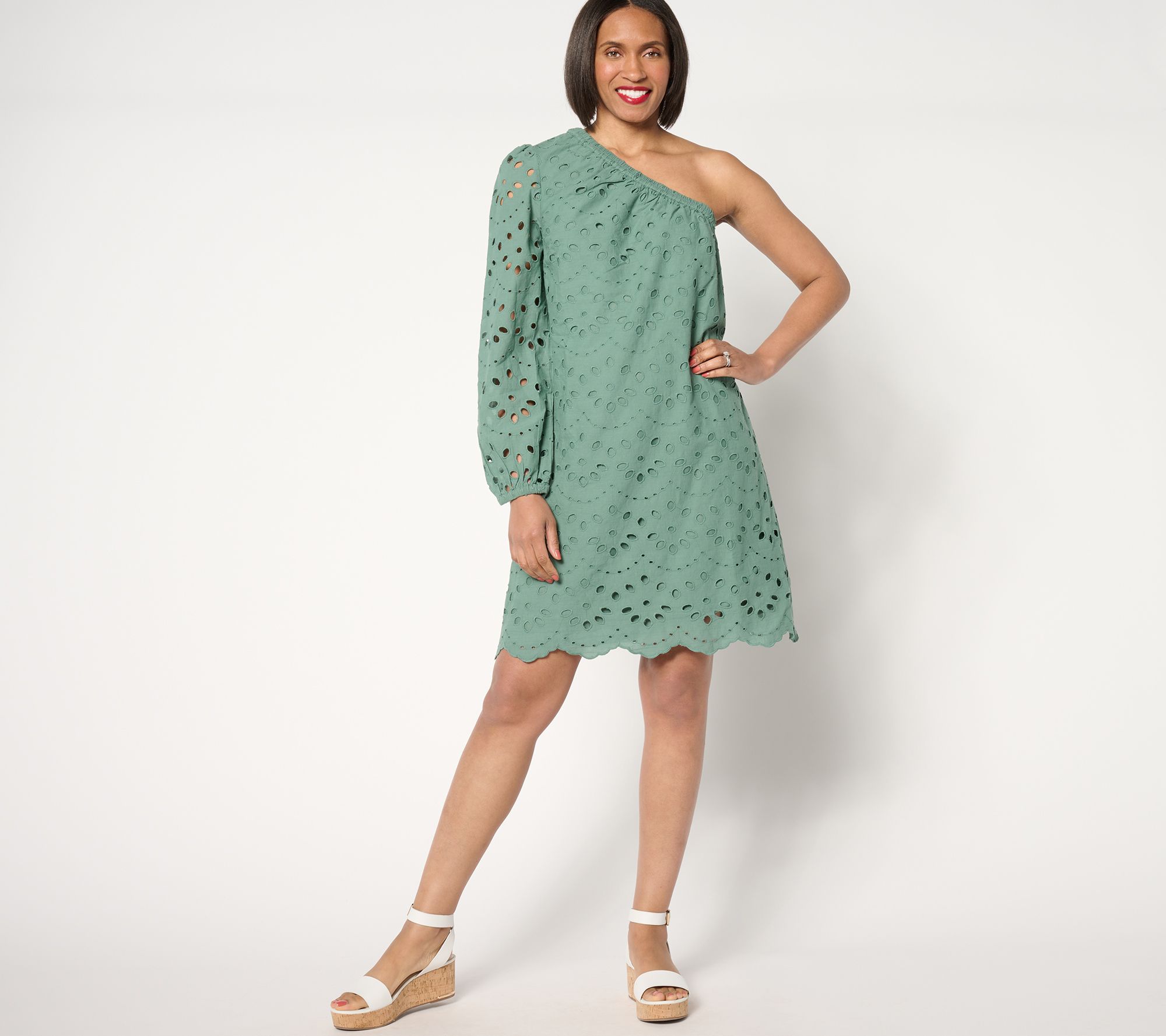 "As Is" Destination 365 Petite One Shoulder Eyelet Shift Dress