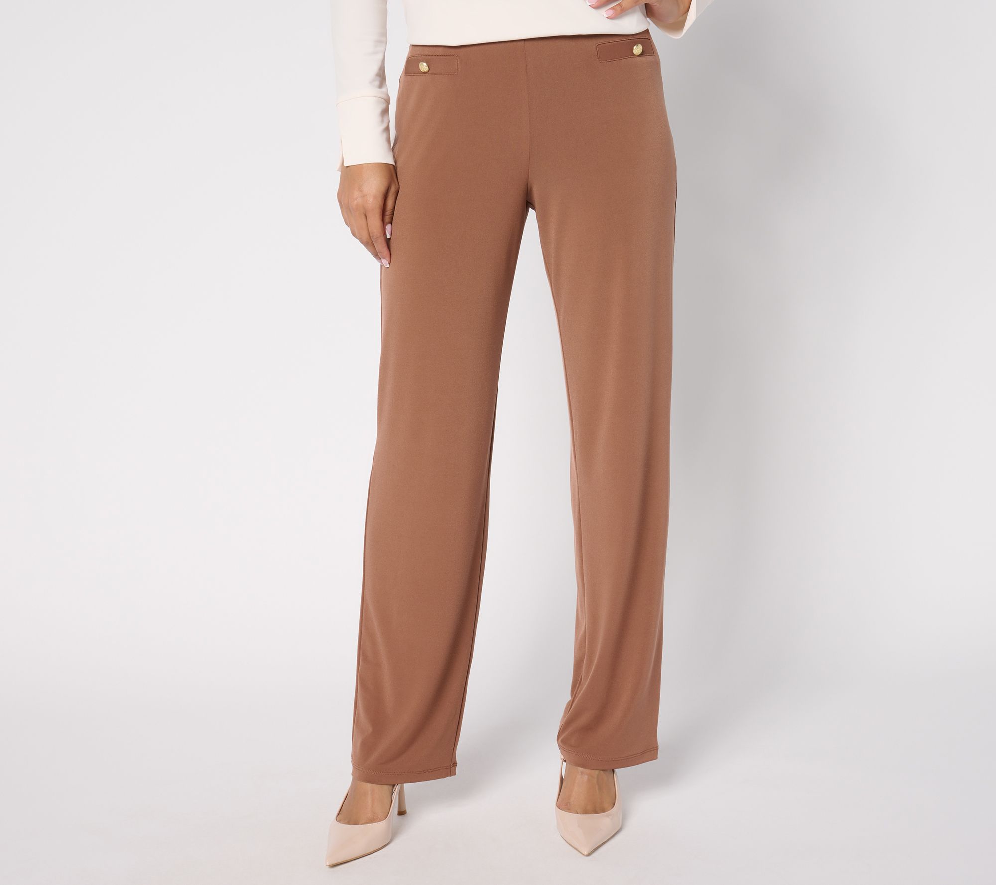 Susan Graver Petite Liquid Knit Straight Leg Pants with Button Detail