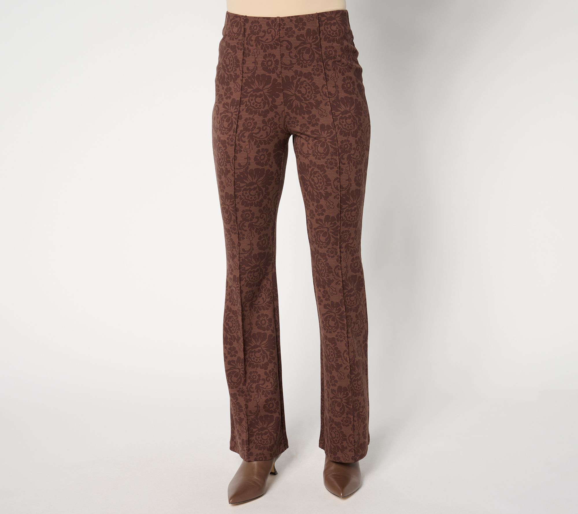 Peace Love World Petite Printed Lace Flare Ponte Pants