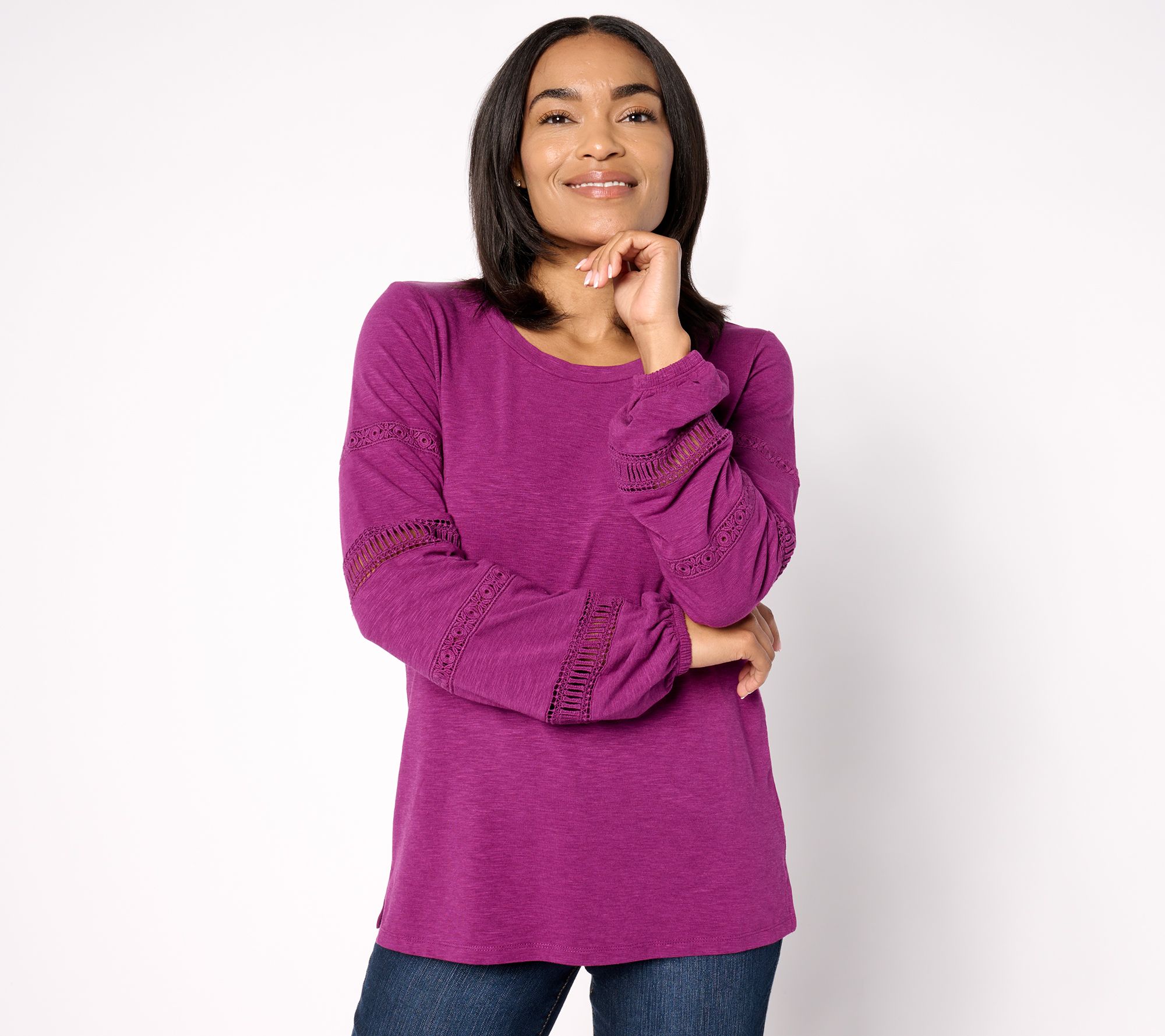 "As Is" Belle Boho by Kim Gravel Slub Knit Top with Lace Trim