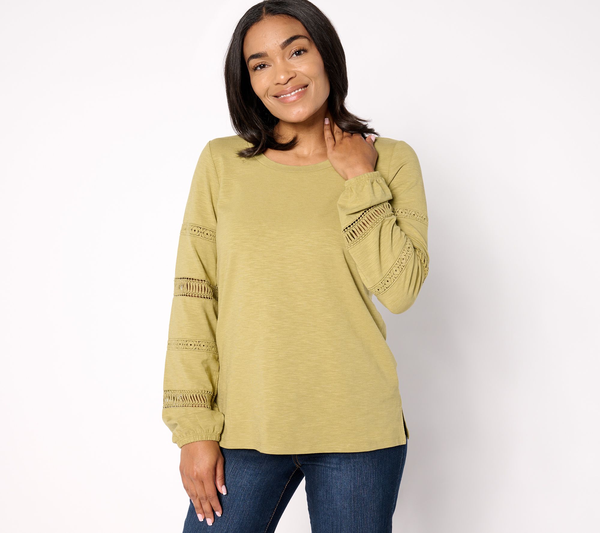 "As Is" Belle Boho by Kim Gravel Slub Knit Top with Lace Trim
