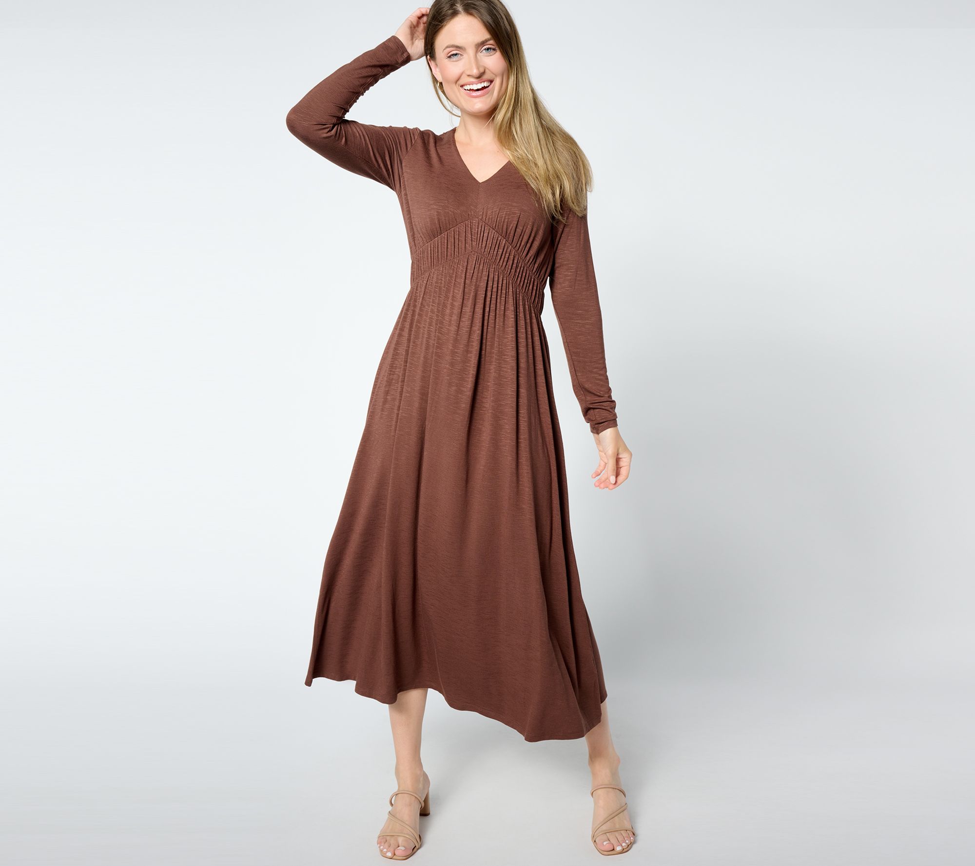 "As Is" Peace Love World Petite V-Neck Long Sleeve Midi Dress