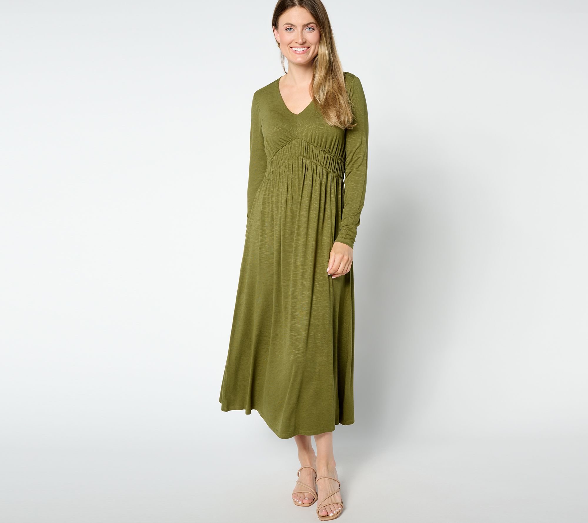 "As Is" Peace Love World Petite V-Neck Long Sleeve Midi Dress