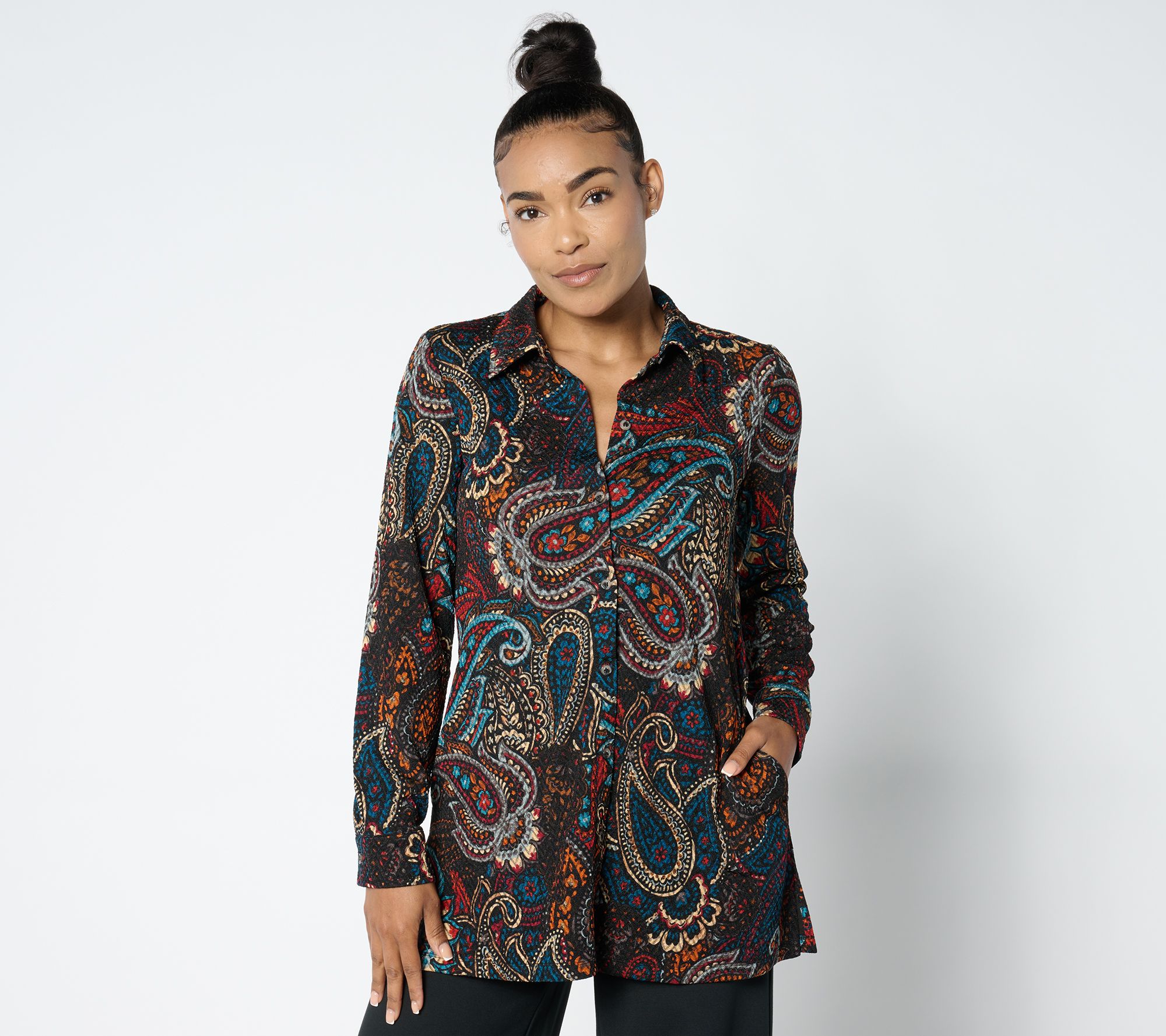 "As Is" Susan Graver Regular Printed Novelty Knit Button Front Tunic