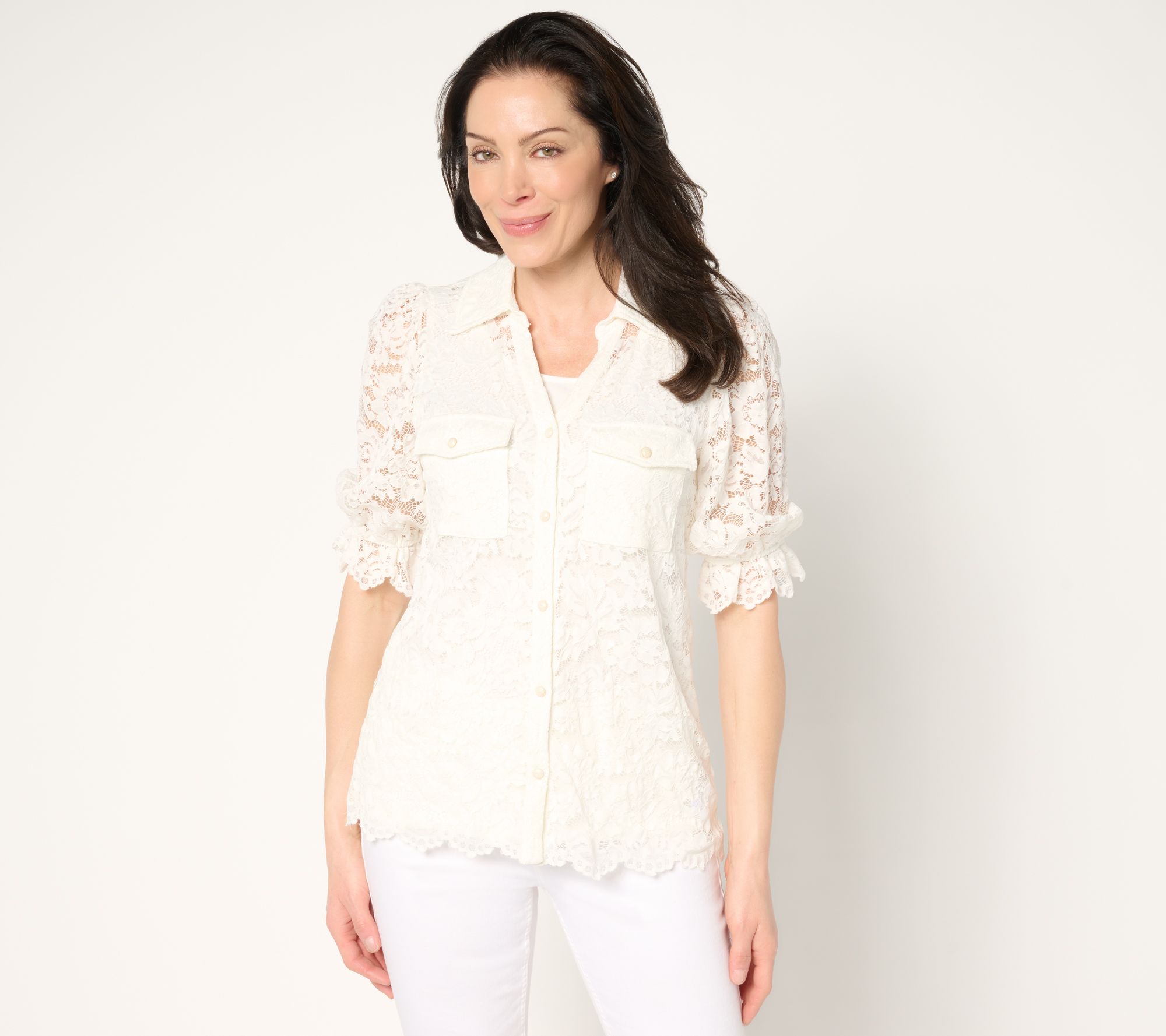 Susan Graver Occasions Short-Sleeve Button-Front Lace Top